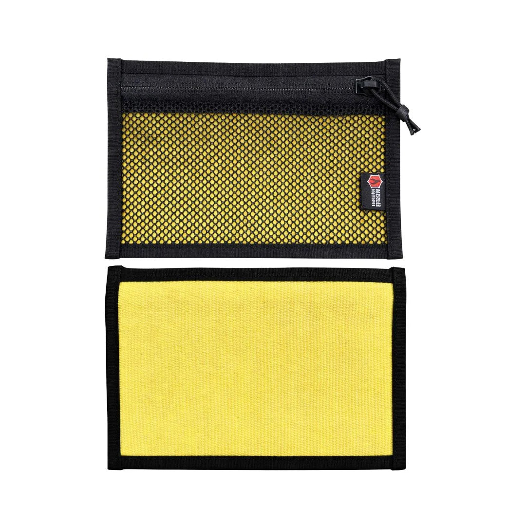 Flat EDC Pouch by Recycled Firefighter, featuring a vintage yellow and black design with a zippered closure.