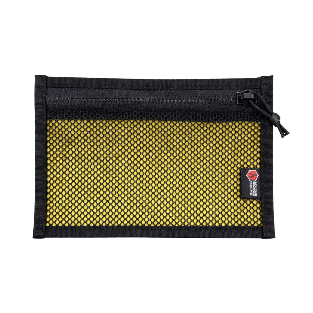 Flat EDC pouch in vintage yellow and black, made from firehose material by Recycled Firefighter, featuring a zippered closure.