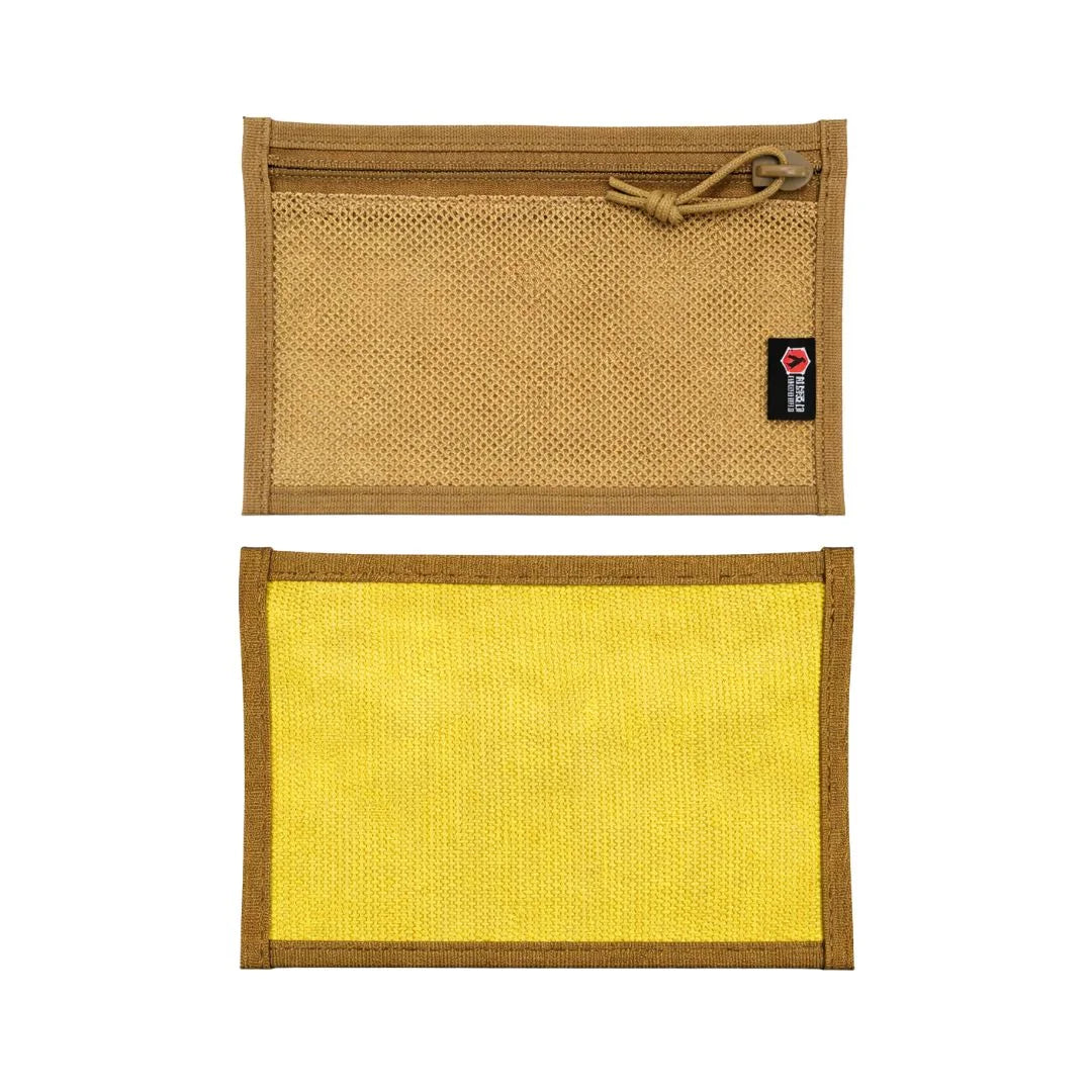 Flat EDC pouch by Recycled Firefighter in vintage yellow and coyote, featuring a durable zippered design.