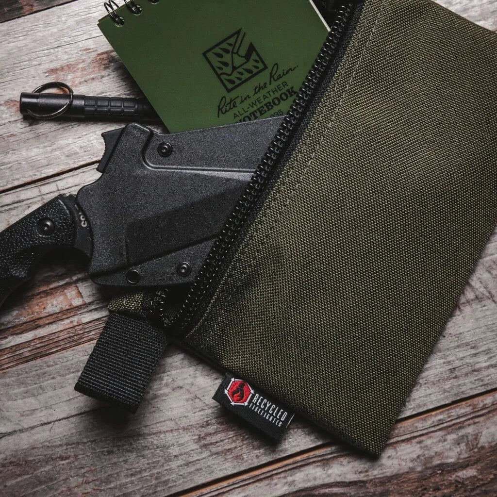 Recycled Firefighter Truckie large flat zippered gear pouch in durable recycled material, showing its sleek design and zipper closure.