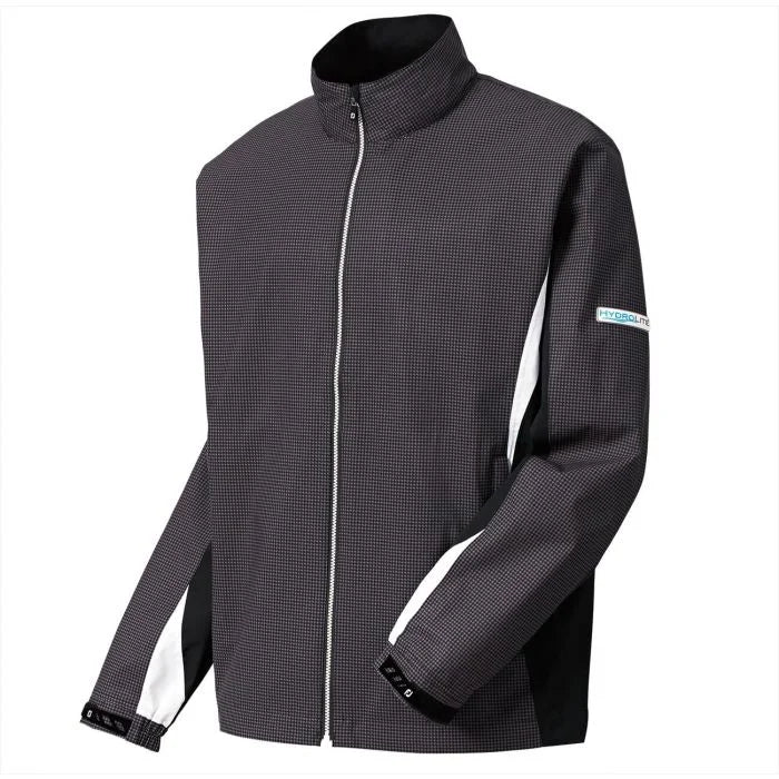 FootJoy men's HydroLite golf rain jacket in waterproof, lightweight design, shown on a model in a golf course setting.