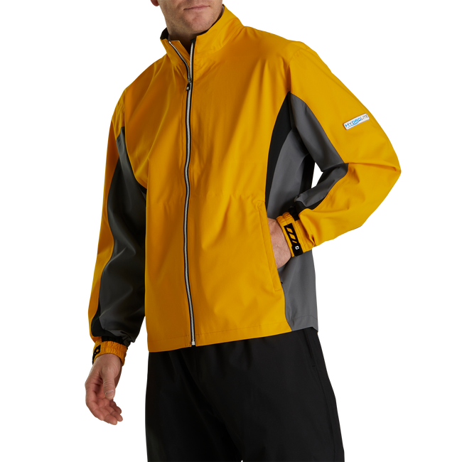 FootJoy men's HydroLite golf rain jacket in waterproof, lightweight fabric, shown on a hanger.