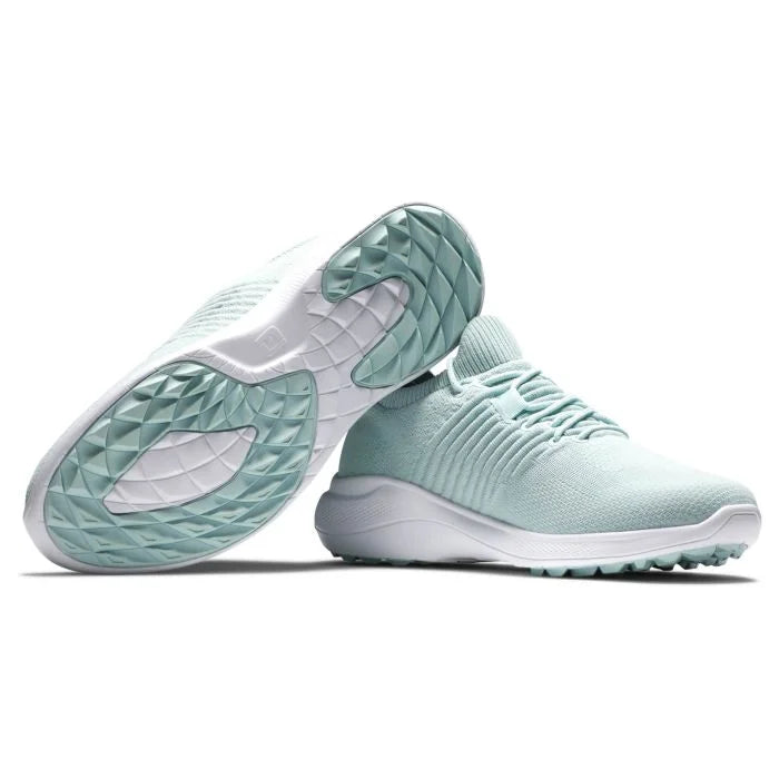 FootJoy Women's Flex XP golf shoes in white and navy with sporty design, featuring flexible sole and comfort for on-course wear.