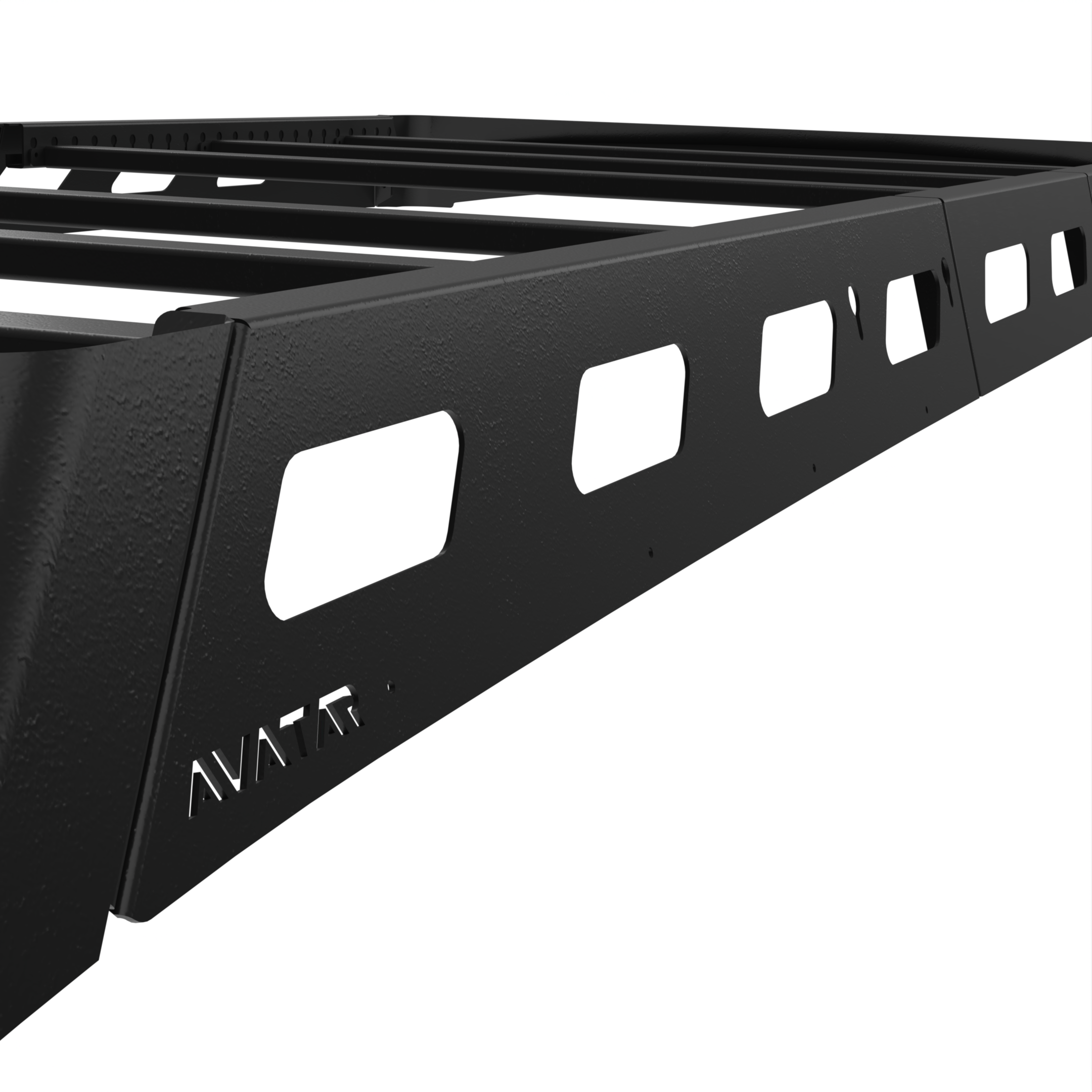 Front corner view of Pioneer Transit Roof Rack by Avatar Offroad installed on a Ford Pioneer vehicle.
