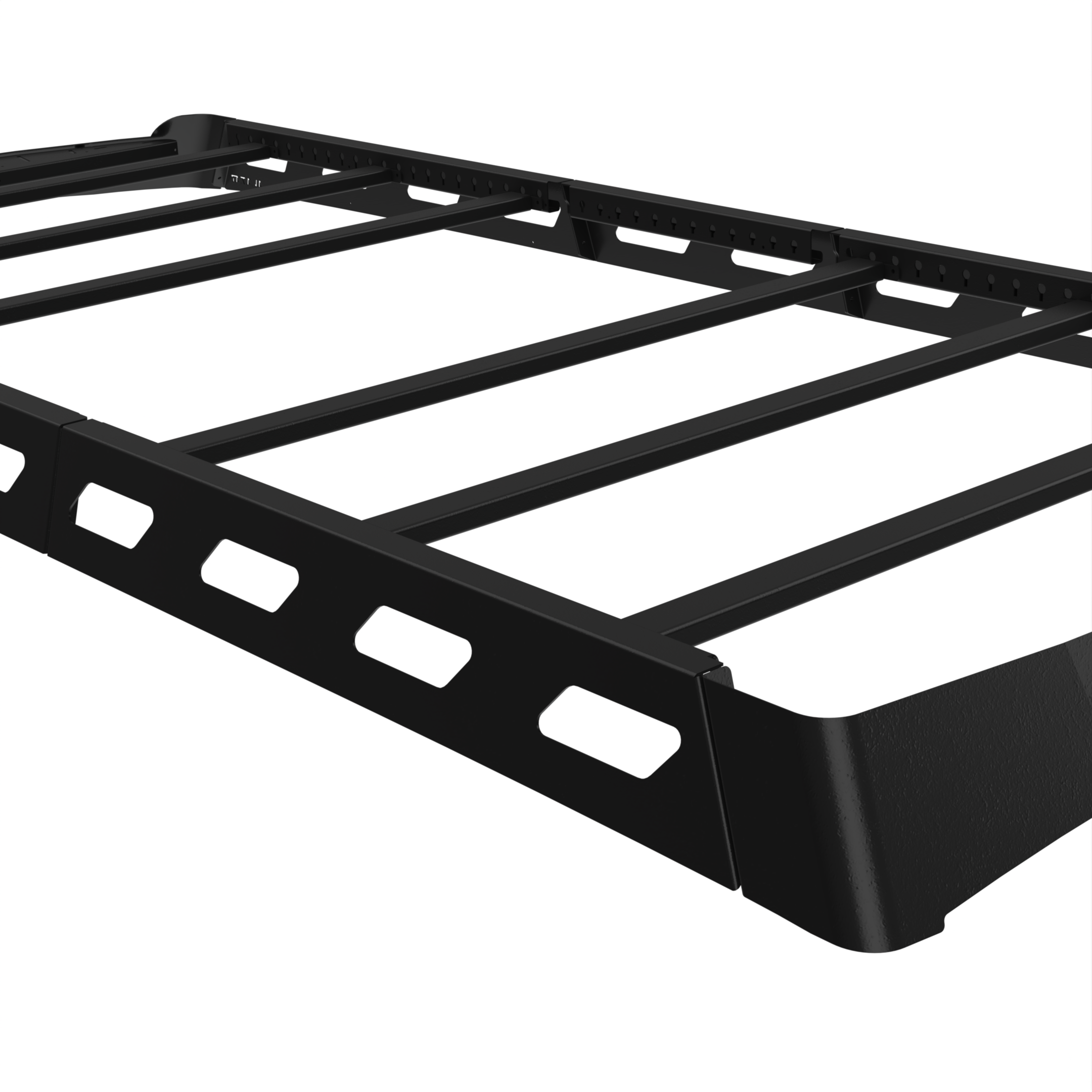 Close-up of the rear crossbar of the Pioneer Transit Roof Rack by Avatar Offroad on a Ford vehicle, showing durable metal construction.