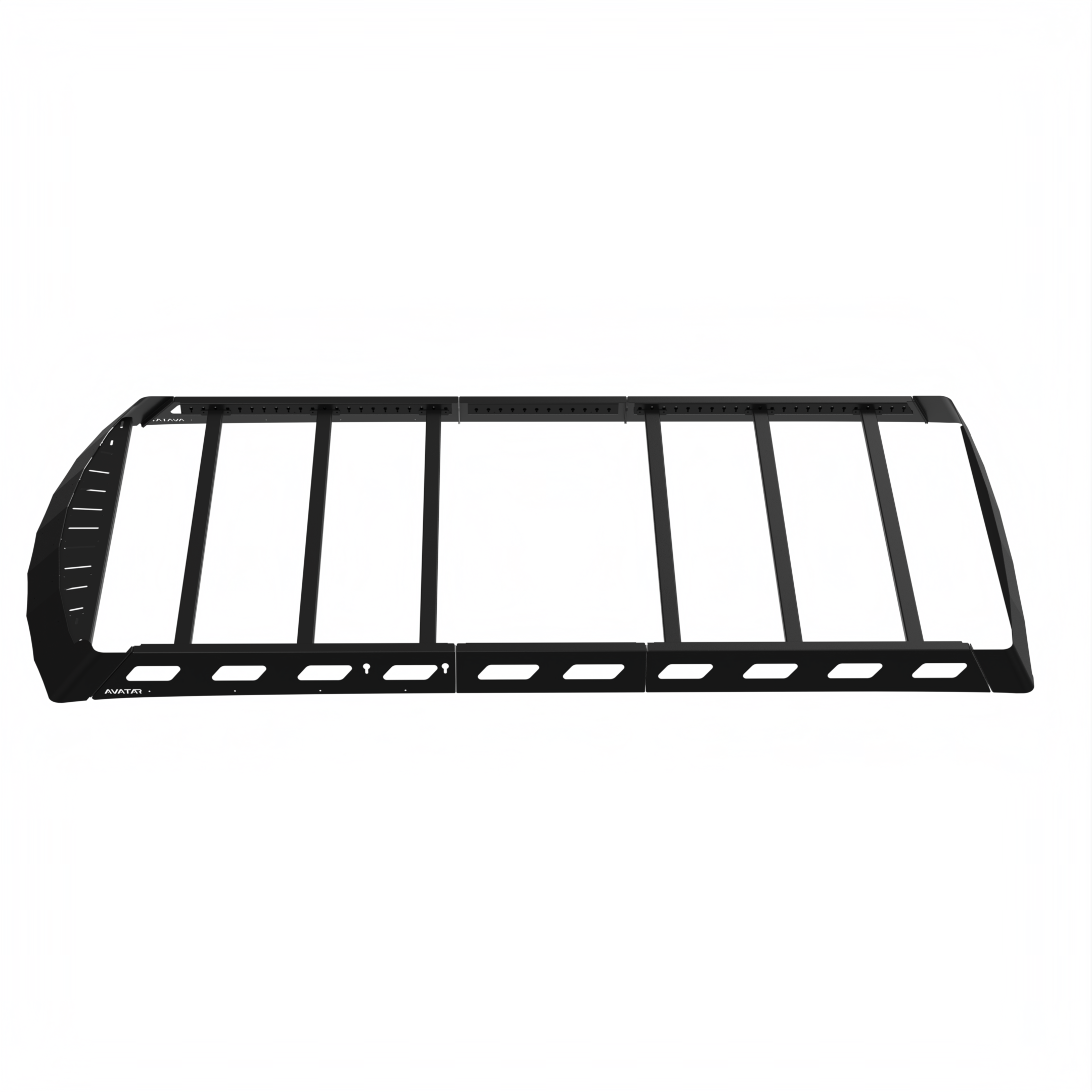 Side view of Avatar Offroad Pioneer Transit Roof Rack installed on a Ford vehicle, showcasing durable metal construction and mounting points.