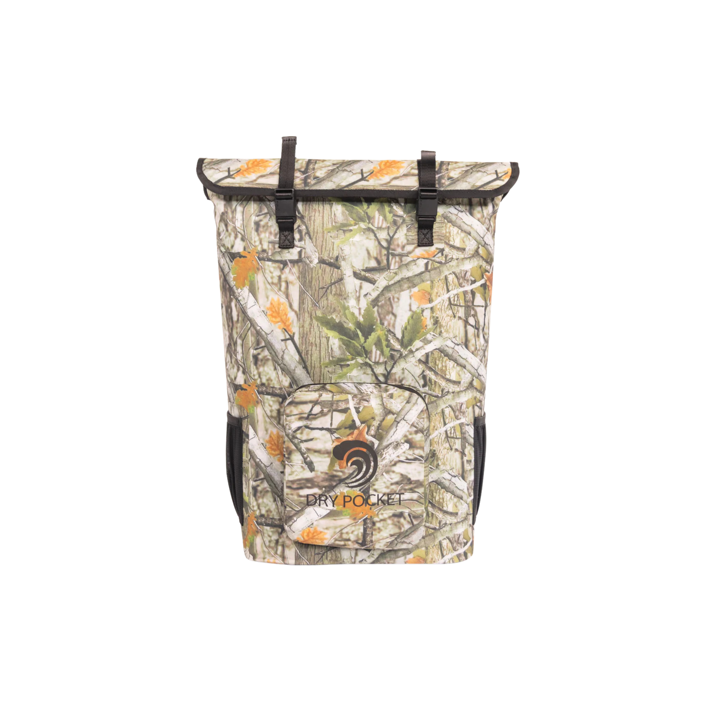 Forest camo Dry Pocket waterproof floating backpack cooler with adjustable straps and multiple compartments for outdoor adventures.