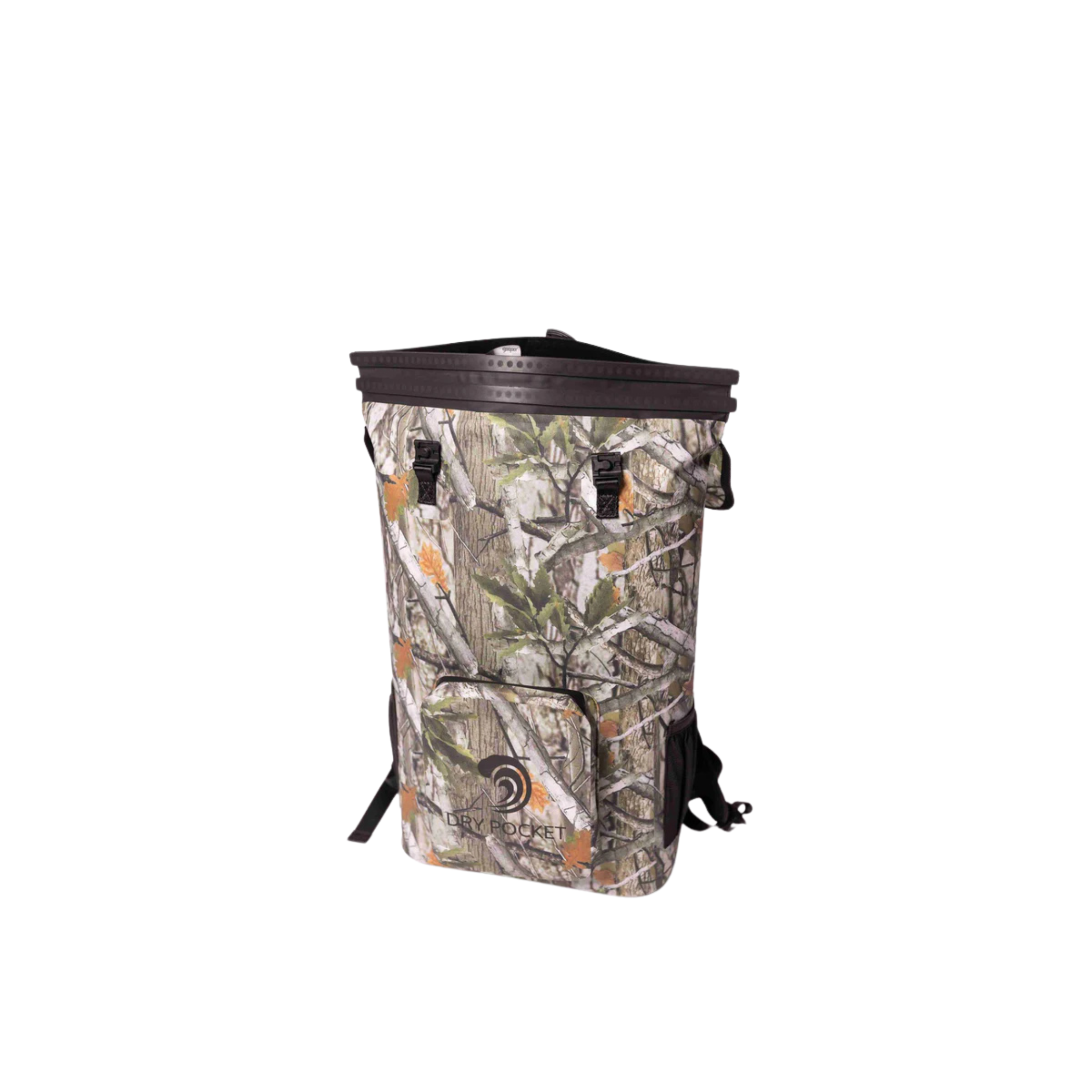 Forest camouflage Dry Pocket waterproof floating backpack cooler with adjustable straps and multiple compartments for outdoor adventures.