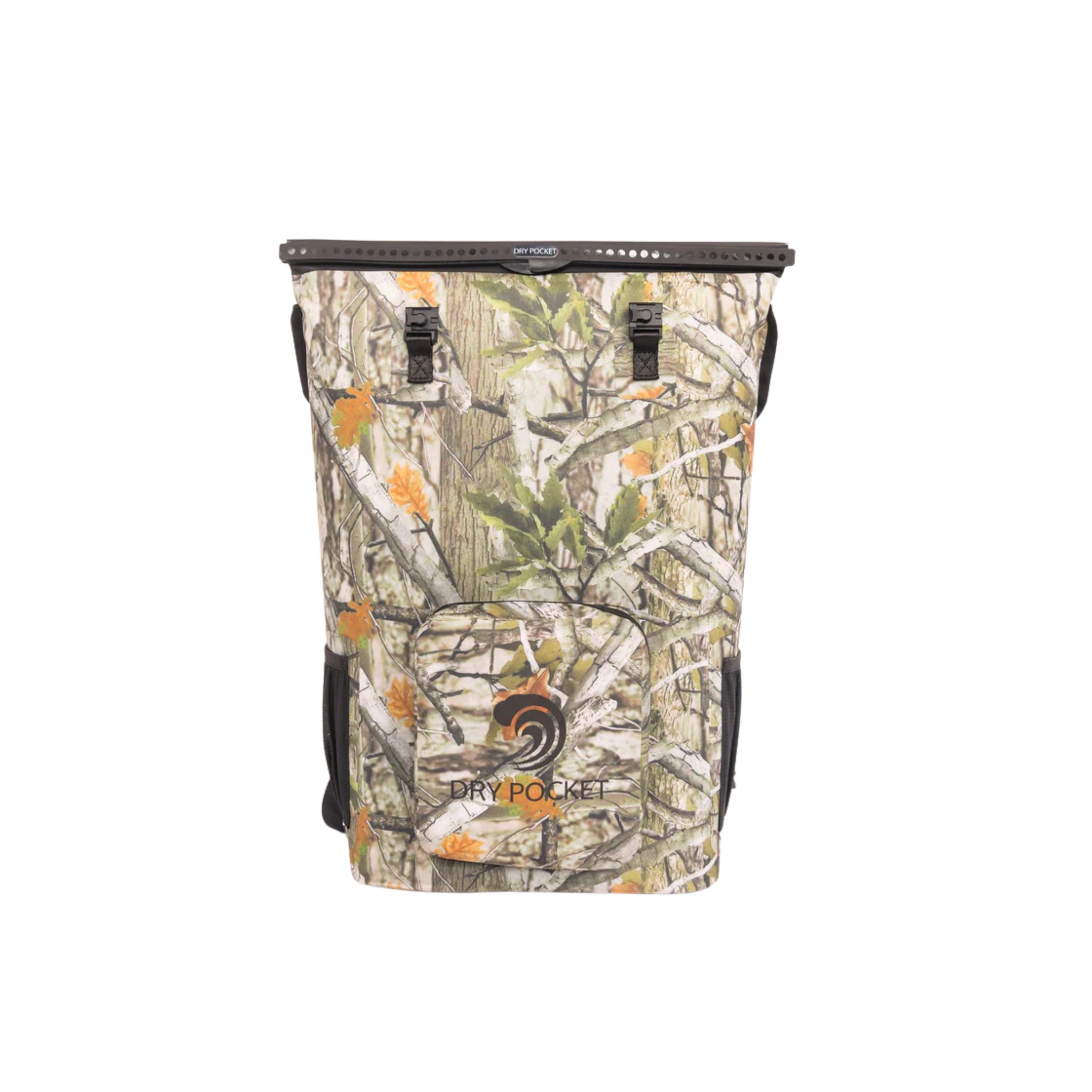 Forest camo waterproof floating backpack cooler by Dry Pocket, showing a durable backpack cooler with multiple compartments and adjustable straps.