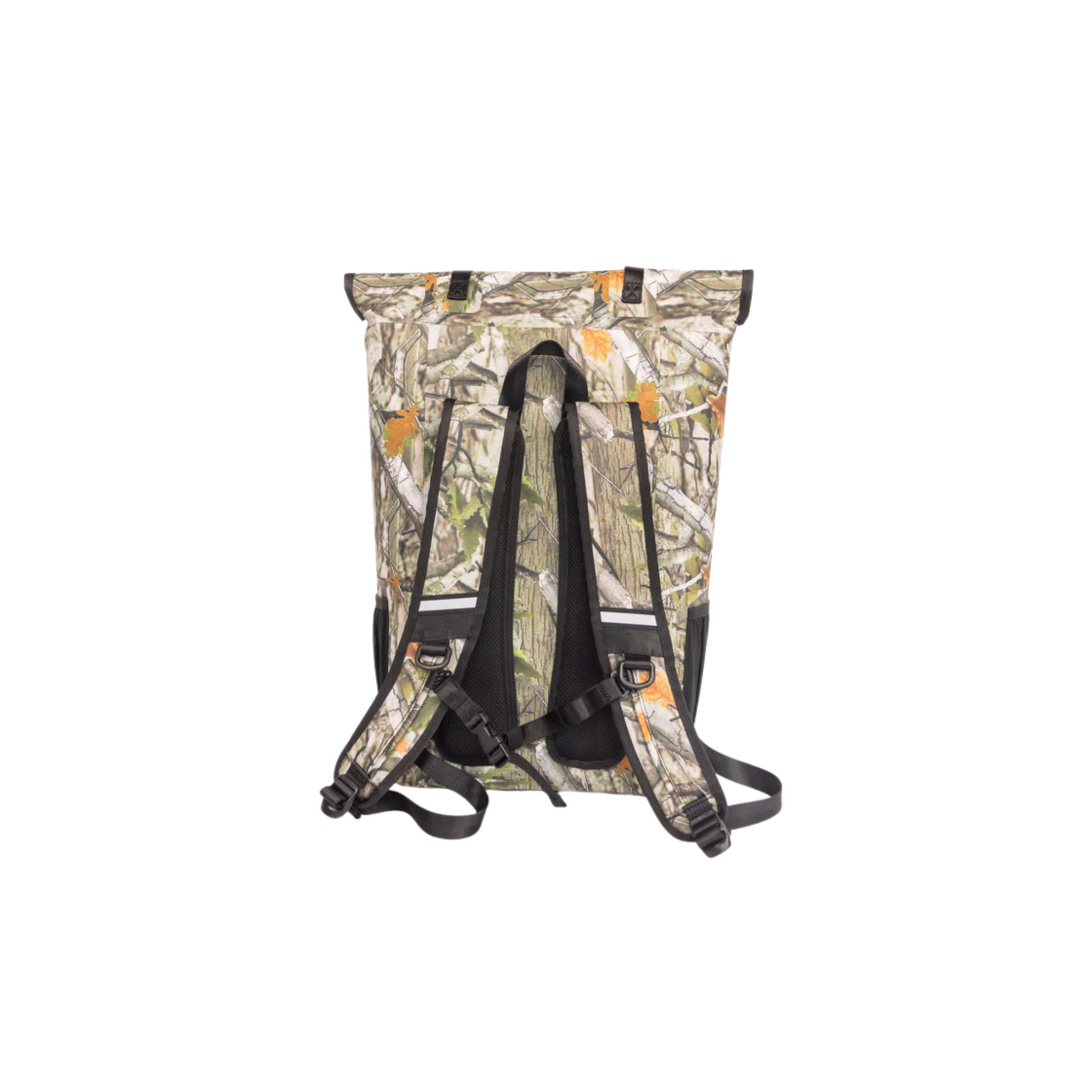 Forest camo Dry Pocket waterproof floating backpack cooler with adjustable straps and multiple compartments.