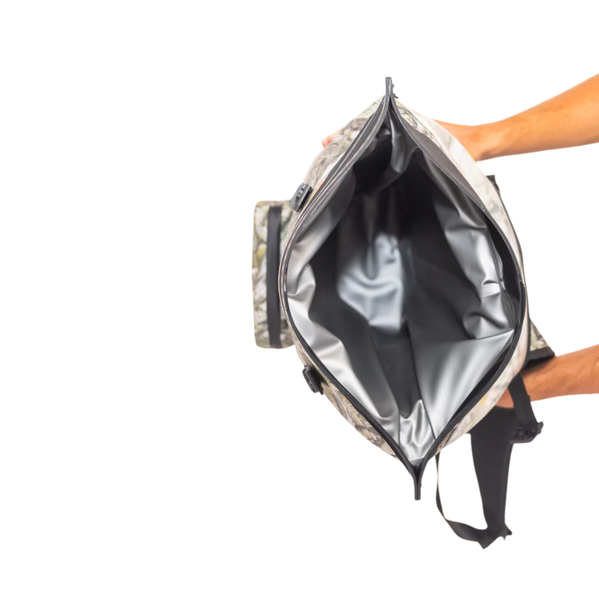 Forest camo Dry Pocket waterproof floating backpack cooler with adjustable straps and insulated interior for outdoor adventures.