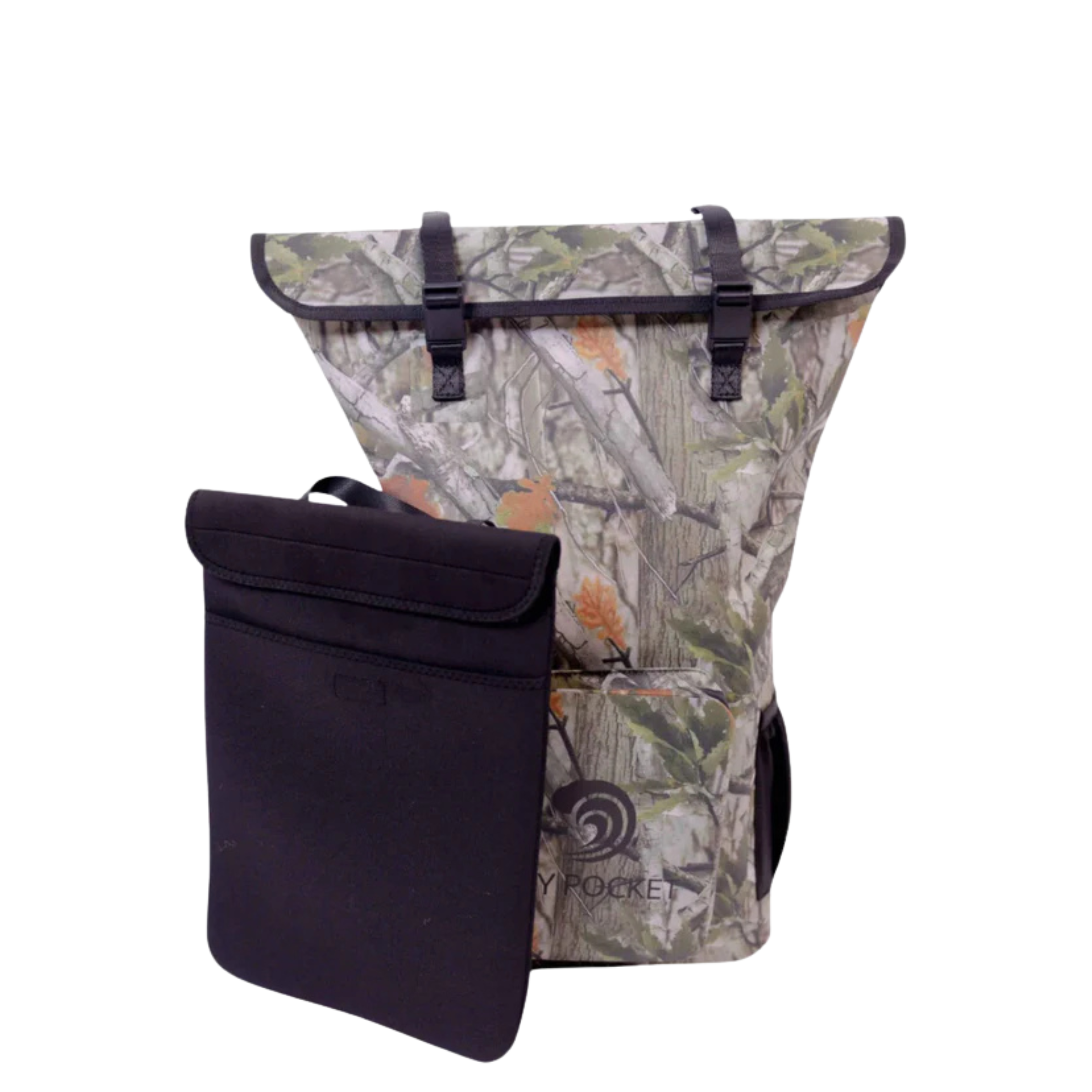 Forest camouflage waterproof floating backpack dry bag by Dry Pocket, designed for outdoor adventures and water protection.