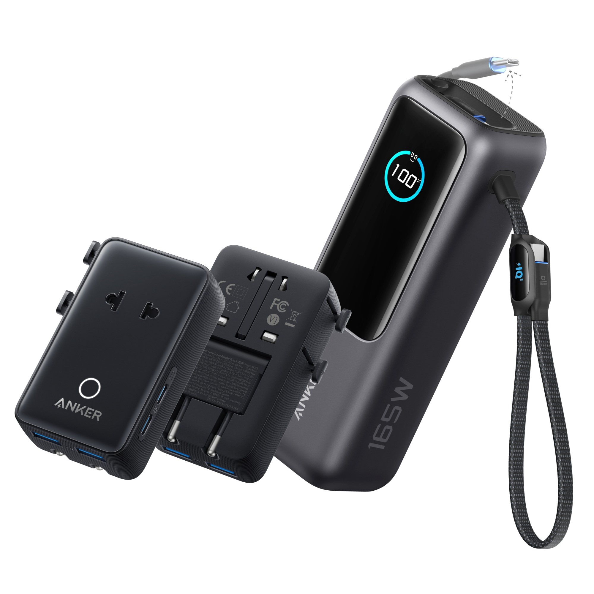 Anker 25K 165W laptop power bank with built-in retractable cables for charging portable devices.