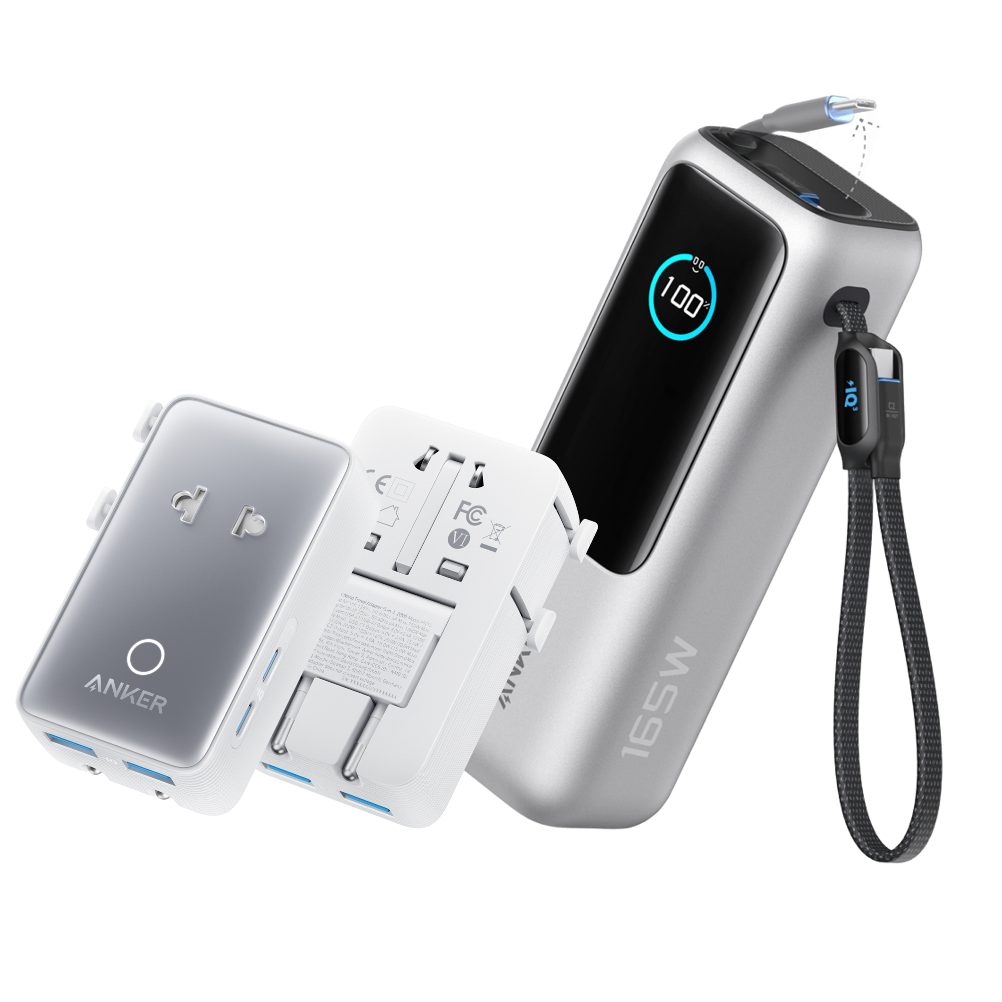 Anker 25K laptop power bank with 165W output, built-in retractable cables, compact portable charger for laptops and devices