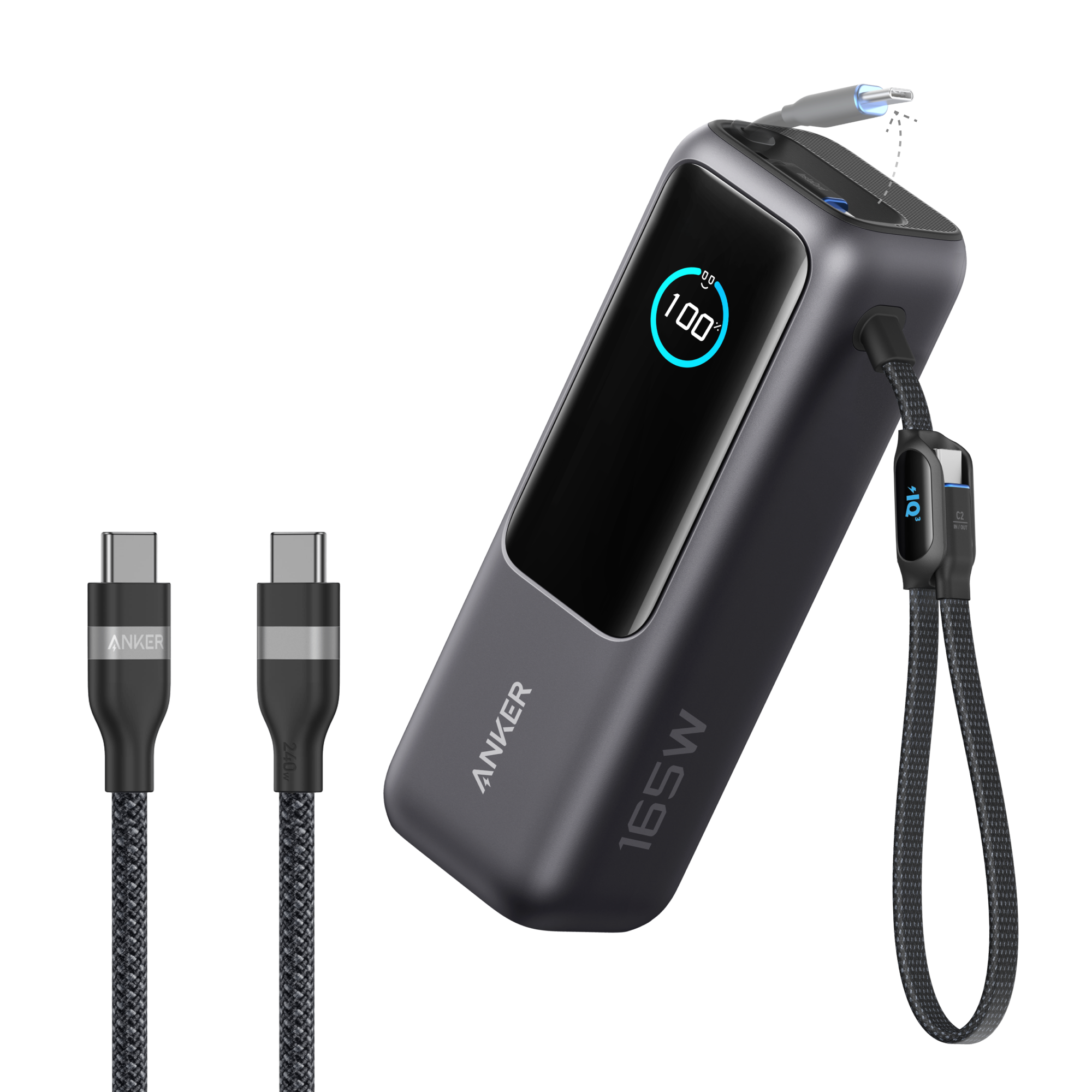 Anker 25K 165W laptop power bank with built-in retractable cables, portable USB-C and USB-A charging device