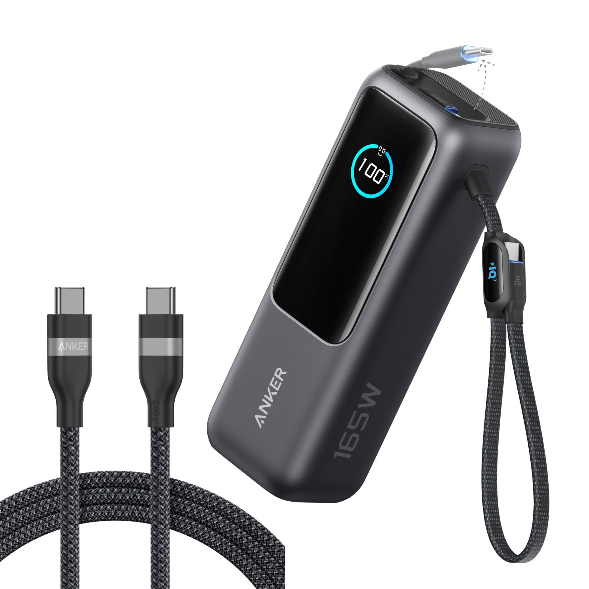 Anker 25K 165W laptop power bank with built-in and retractable cables for portable charging and connectivity.