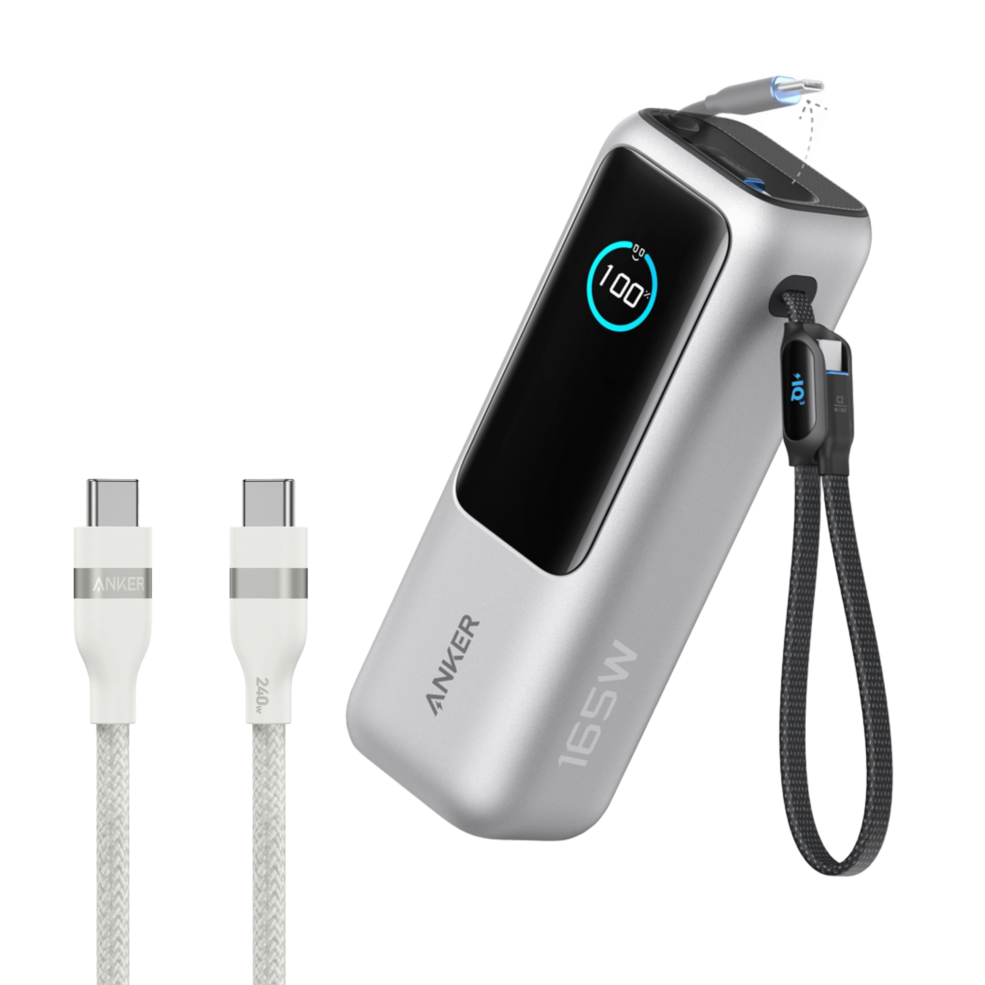 Anker 25K 165W laptop power bank with built-in retractable cables for fast charging and portable power.