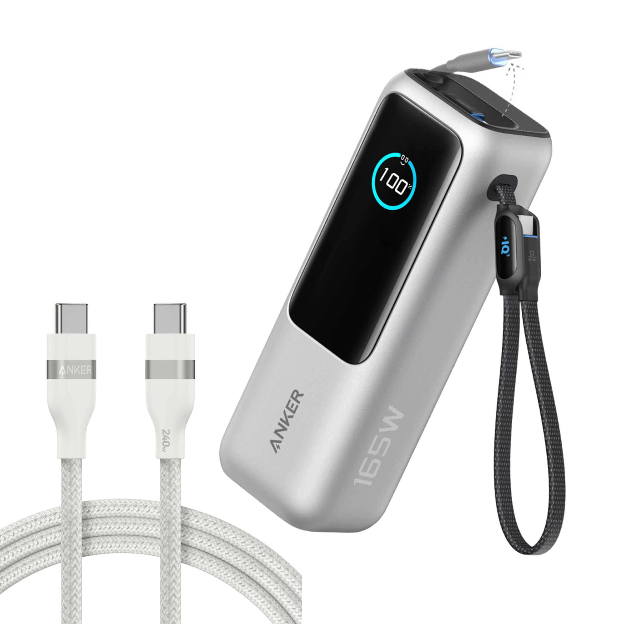 Anker 25,000mAh laptop power bank with 165W output, built-in retractable cables, portable charging device for laptops and devices.