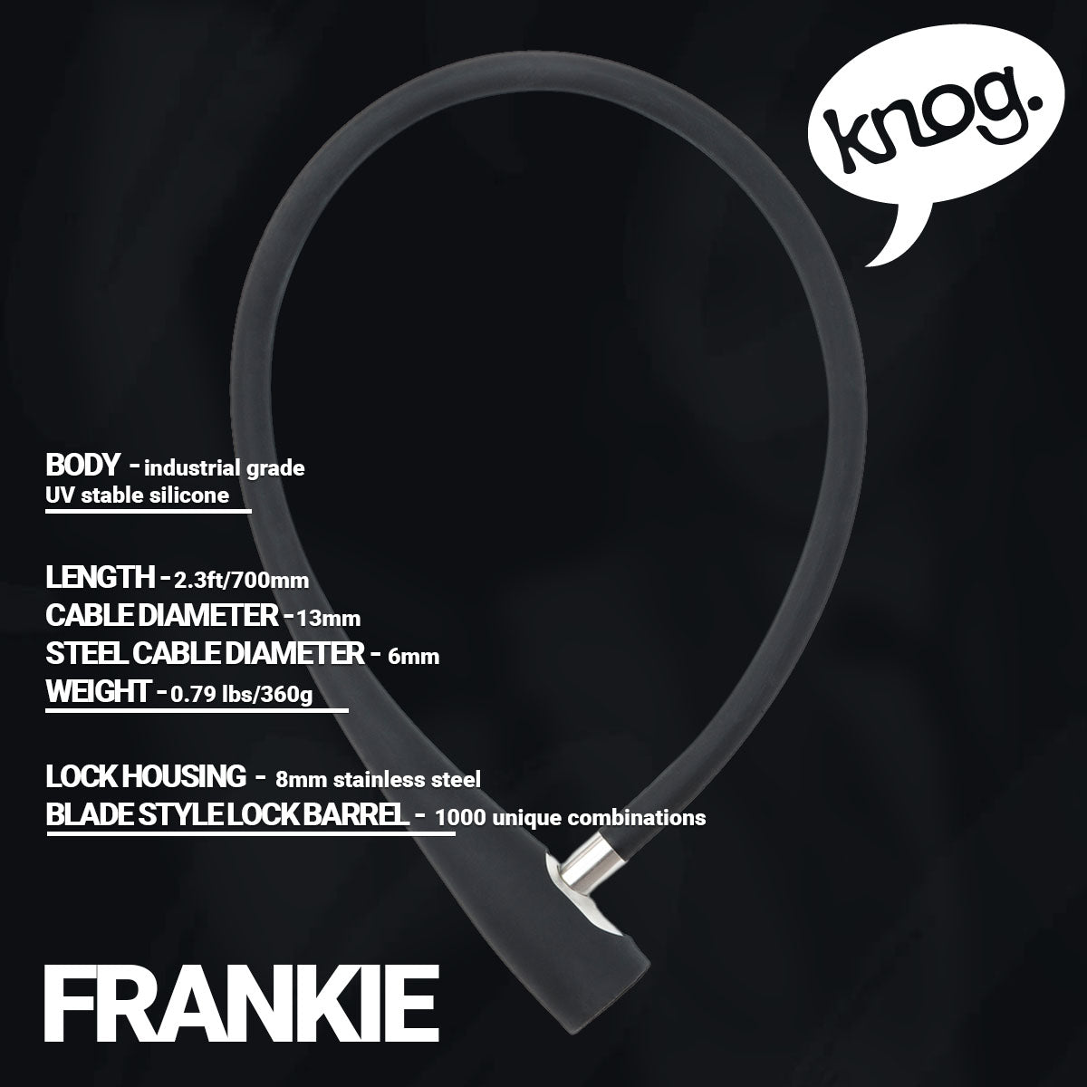 Knog Frankie Cable Lock by ZEITBIKE, coiled cable lock with key mechanism, used for securing bicycles.