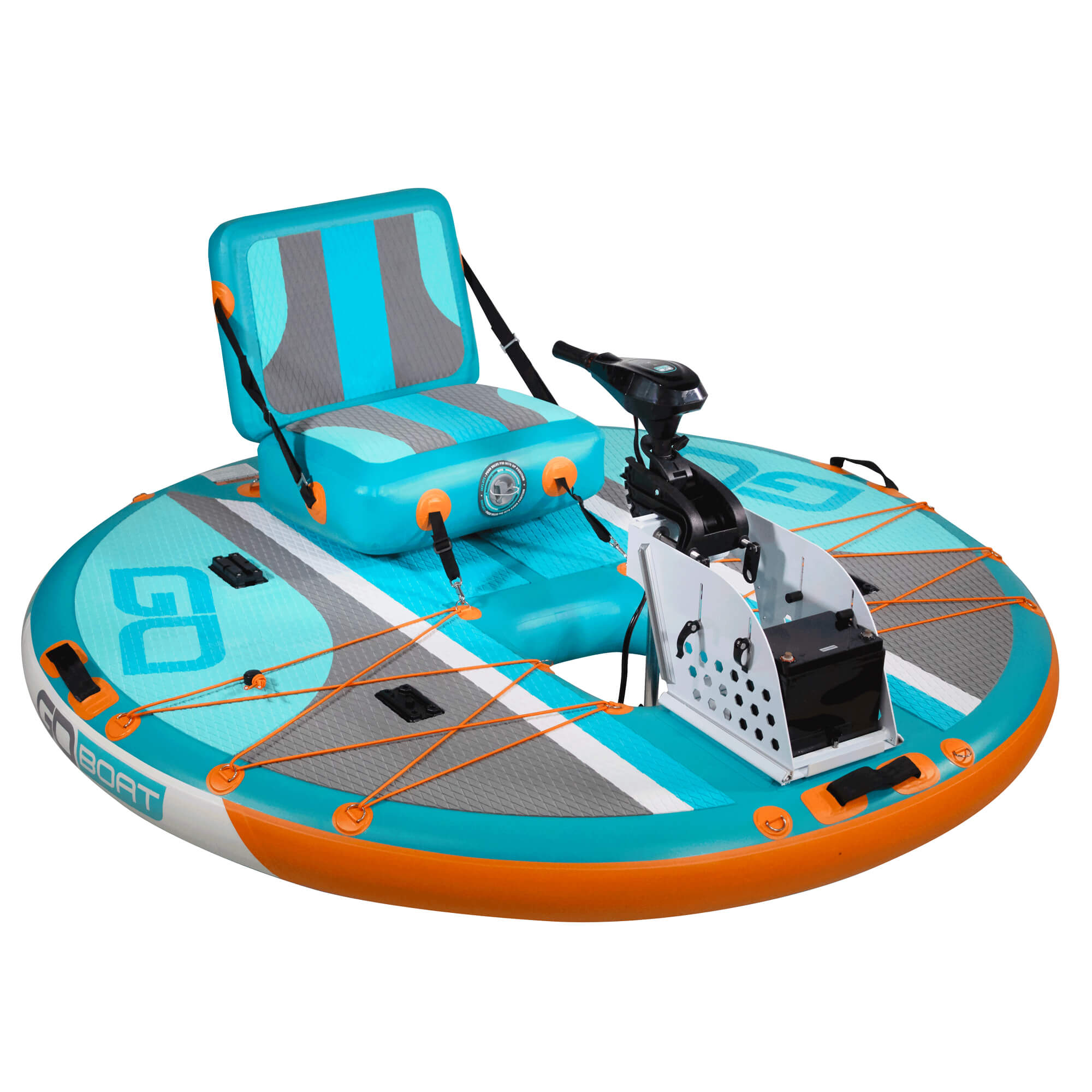 Grey GoBoat Freedom watercraft facing right with seating and steering, designed for outdoor water adventures.