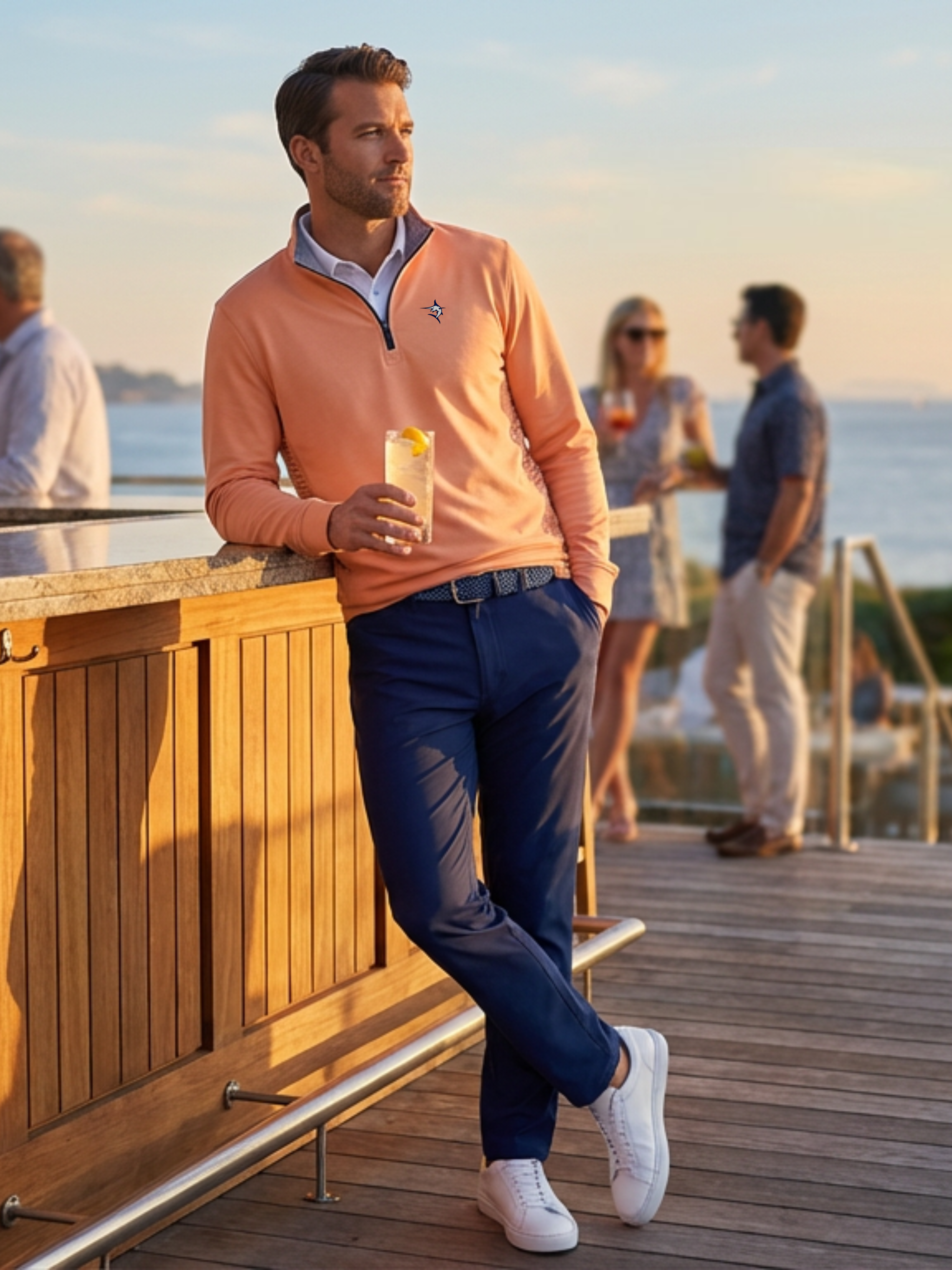 Navy Freeport Pant by White Water Life, versatile performance pants shown on a model, featuring comfortable fit and functional design.