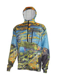 Cognito Brands FlexShell fishing hoodie with quarter-zip, featuring a Cutthroat Trout design on the front, lightweight and warm.