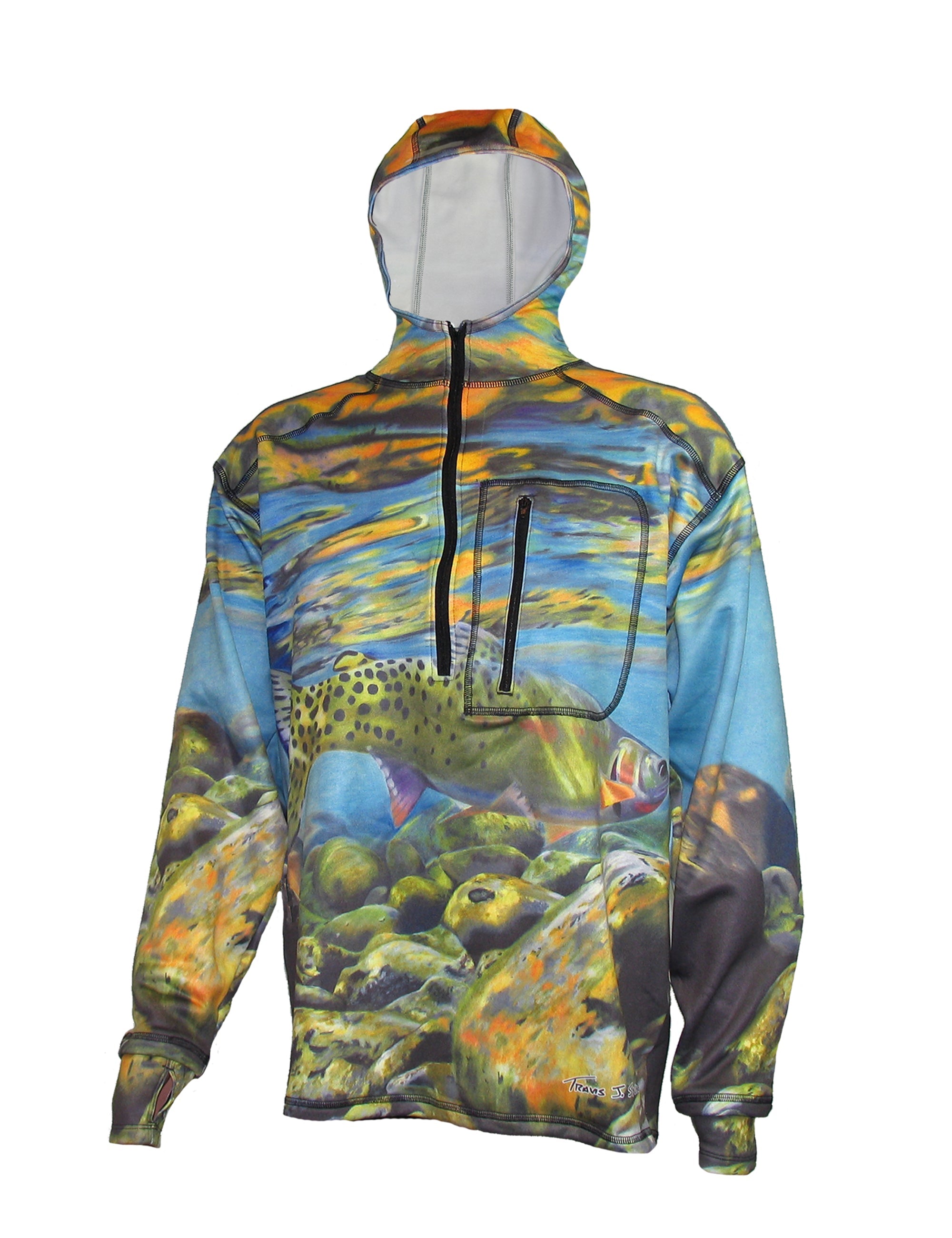 Cognito Brands FlexShell fishing hoodie with quarter-zip, featuring a Cutthroat Trout design on the front, lightweight and warm.