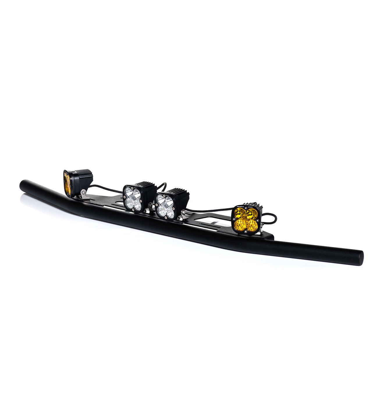 Front view of the Sprinter Defender Bumper by The Van Mart, featuring amber and white lights for enhanced visibility.