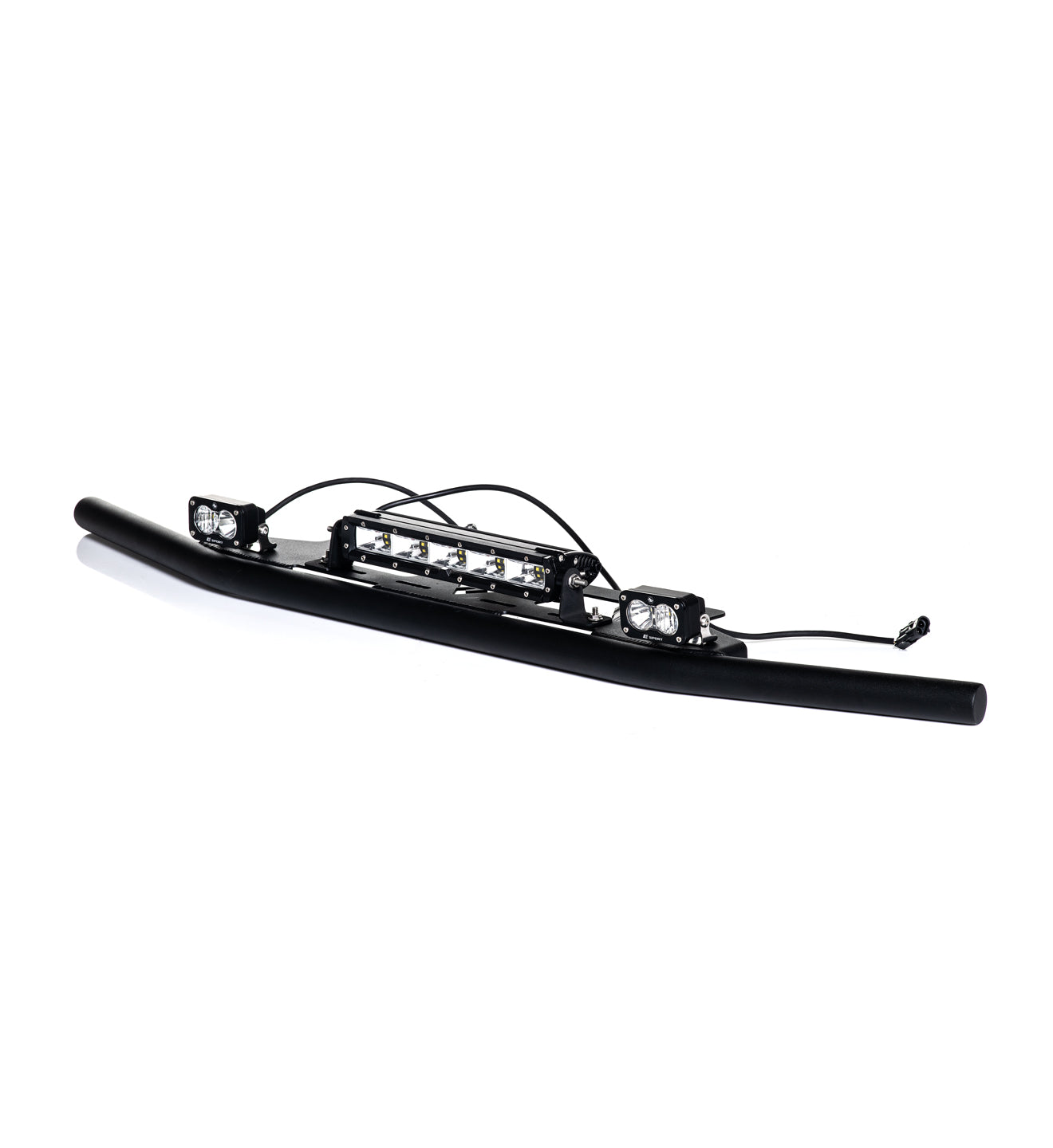 Front view of The Van Mart Sprinter Defender Bumper with integrated light bar and spotlights for enhanced visibility.