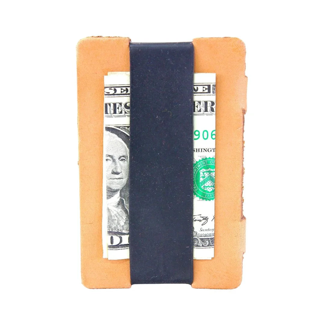 Full grain leather card wallet in natural black by Recycled Firefighter, featuring multiple card slots and a sleek, minimalist design.