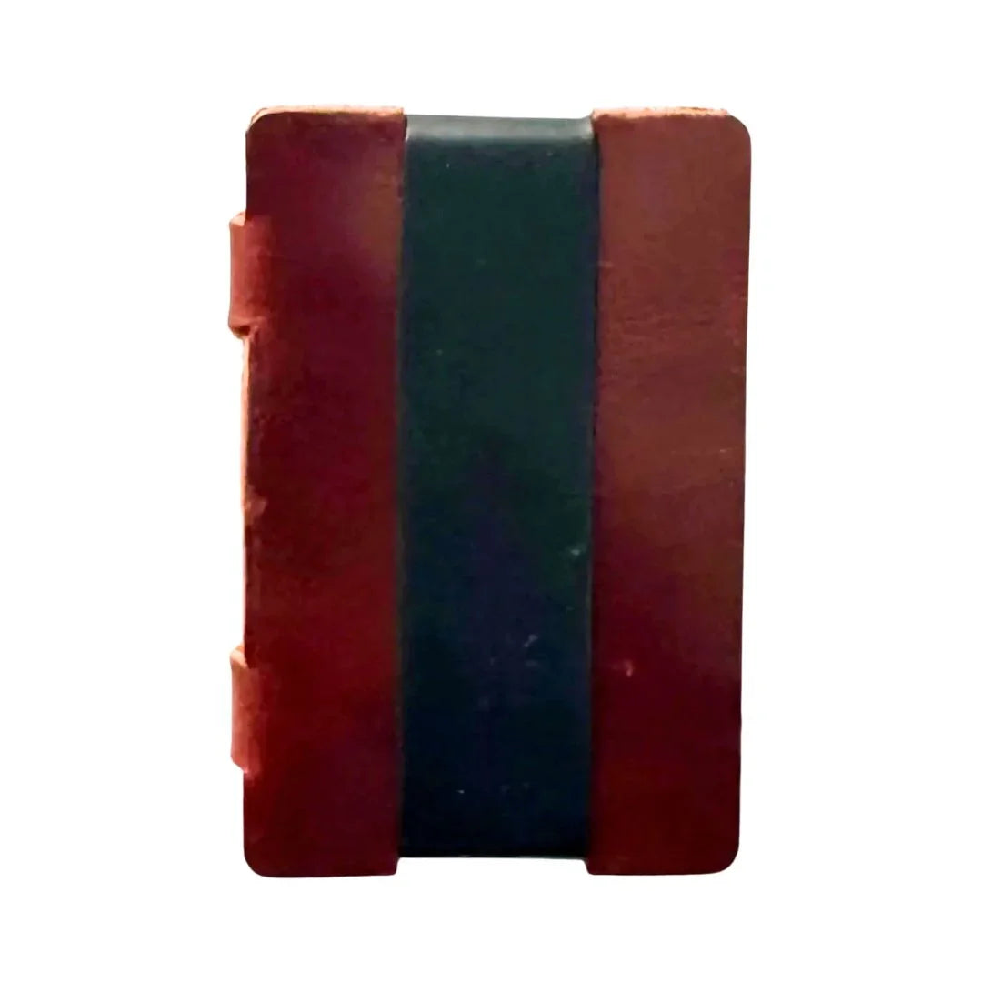 Full grain leather card wallet in walnut and black by Recycled Firefighter, featuring a slim design and multiple card slots.