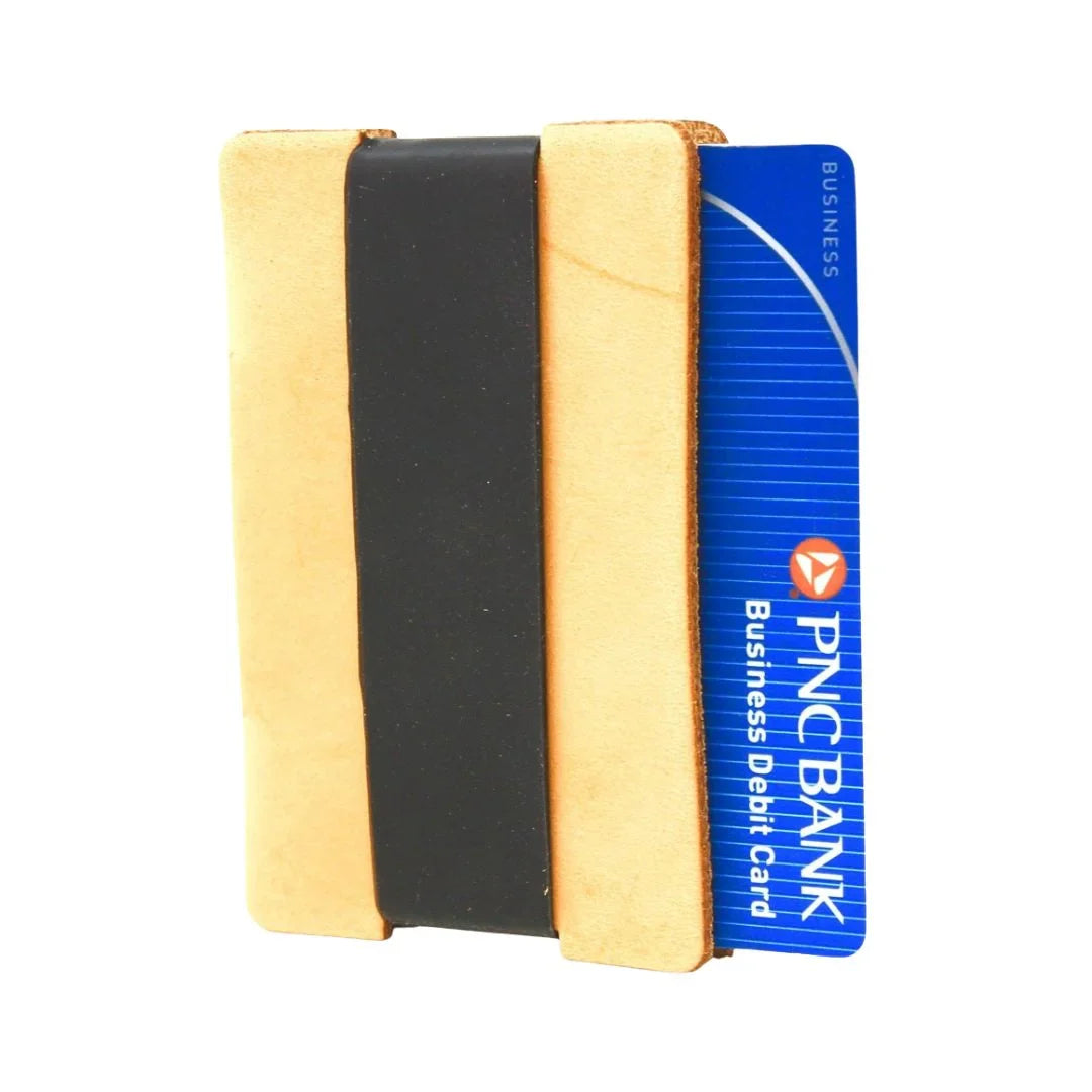 Full grain leather card wallet by Recycled Firefighter showing multiple card slots and a sleek, durable design.