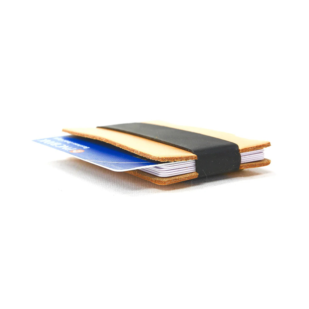 Full grain leather card wallet by Recycled Firefighter, showing smooth textured brown leather with multiple card slots.
