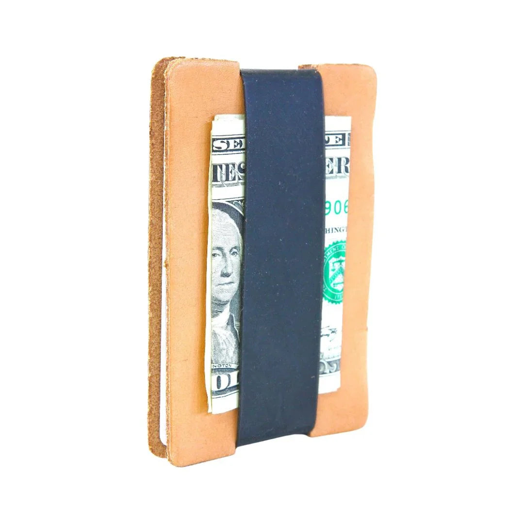 Full grain leather card wallet by Recycled Firefighter showing multiple card slots and sleek design in natural leather finish.