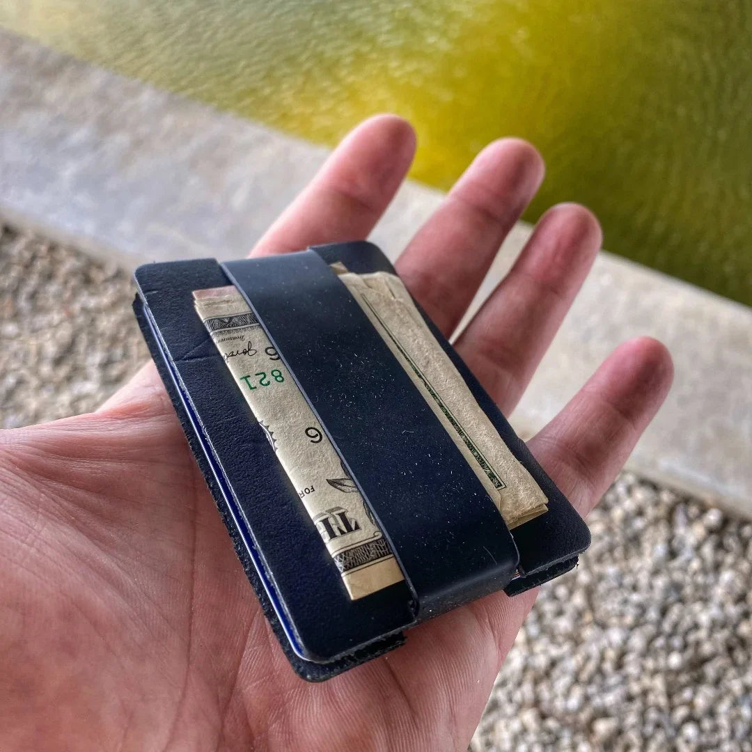 Full grain leather card wallet by Recycled Firefighter showcasing multiple card slots and a sleek, durable design.