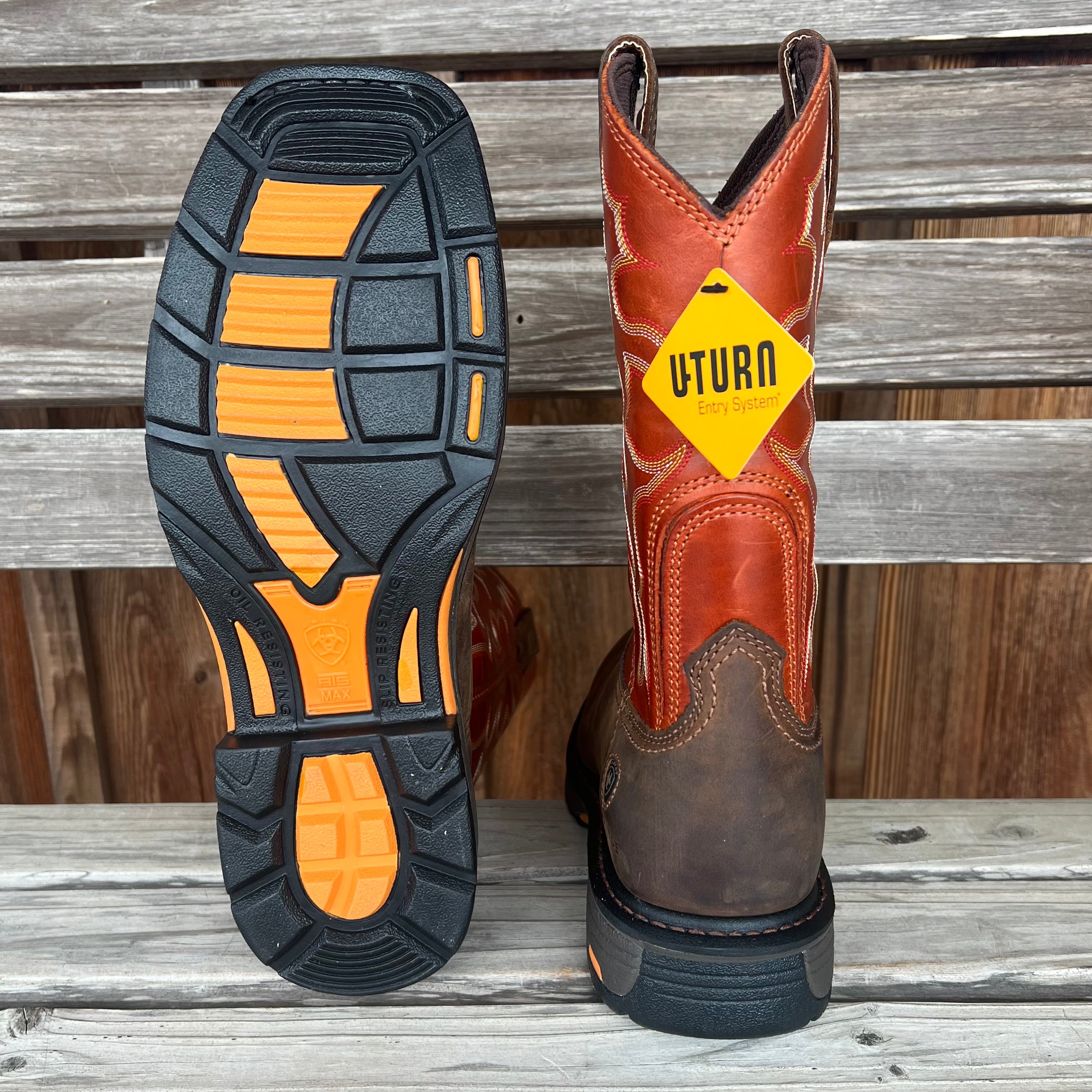 Ariat Workhog Steel Toe work boots for men, featuring durable leather and steel toe protection, shown in a full view.