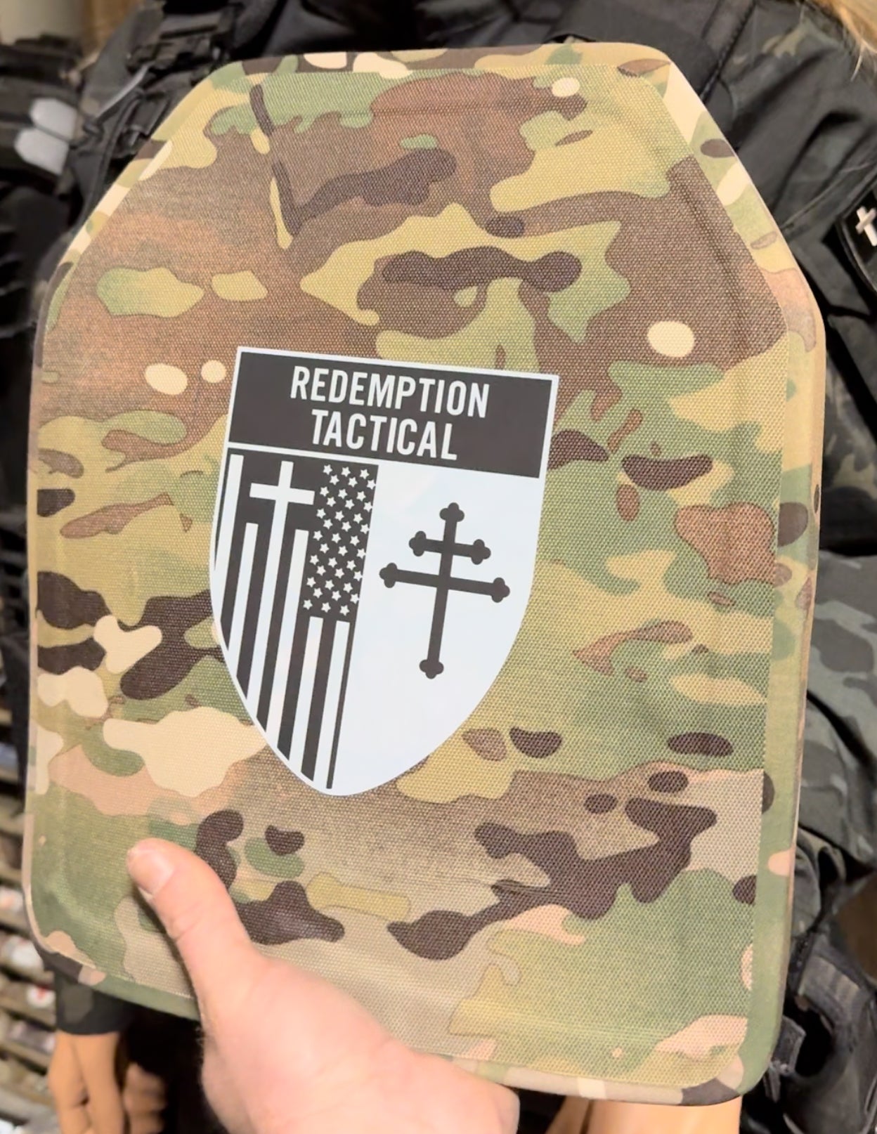 Redemption Tactical double multi-curve Level IV ballistic female plates, 10x12 inches, shown in vest with set option.
