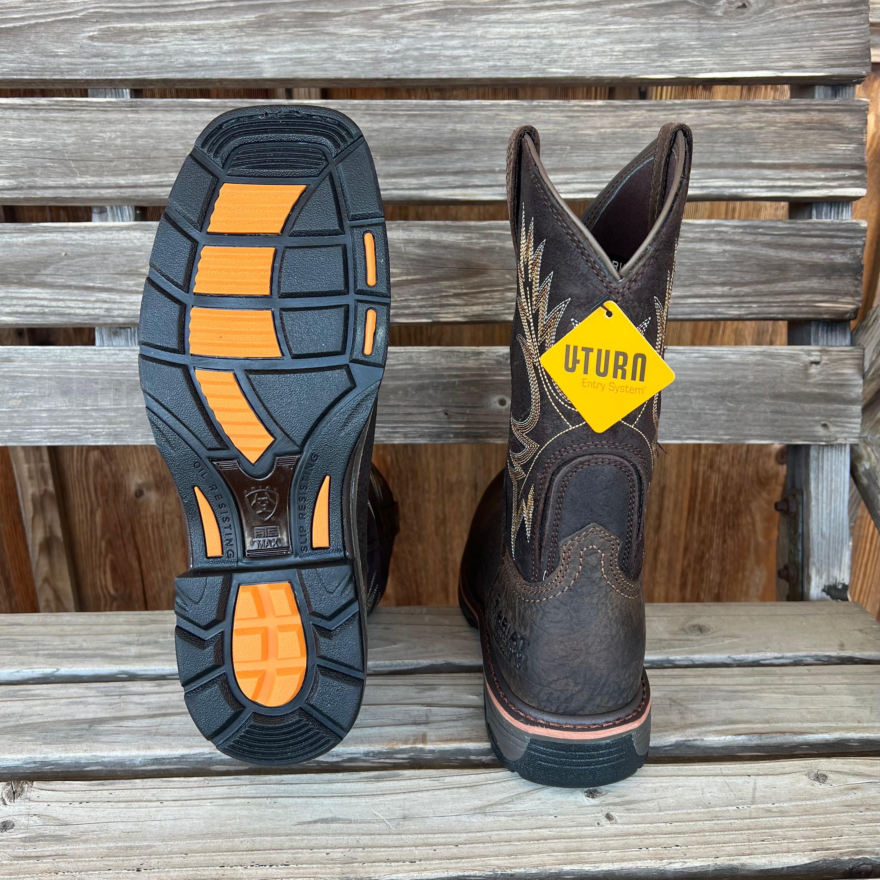 Ariat Workhog Composite work boots with rugged leather and reinforced toes, designed for durability and safety.