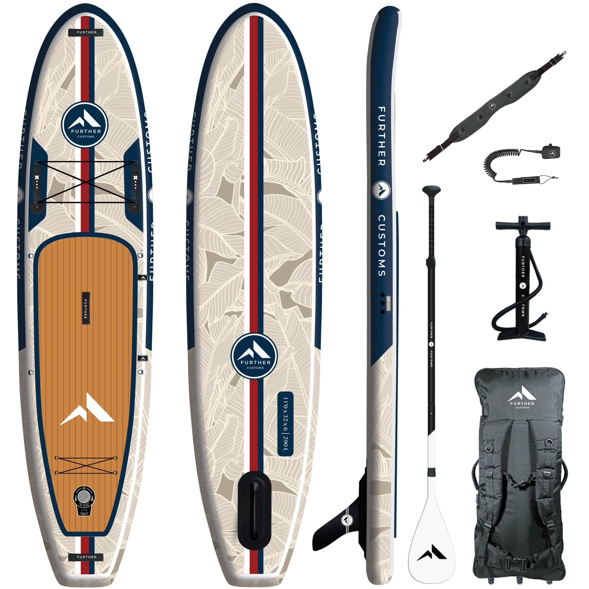 11'0 Avalon Mariner paddleboard by Further Customs, showing its sleek design and durable construction on the water.