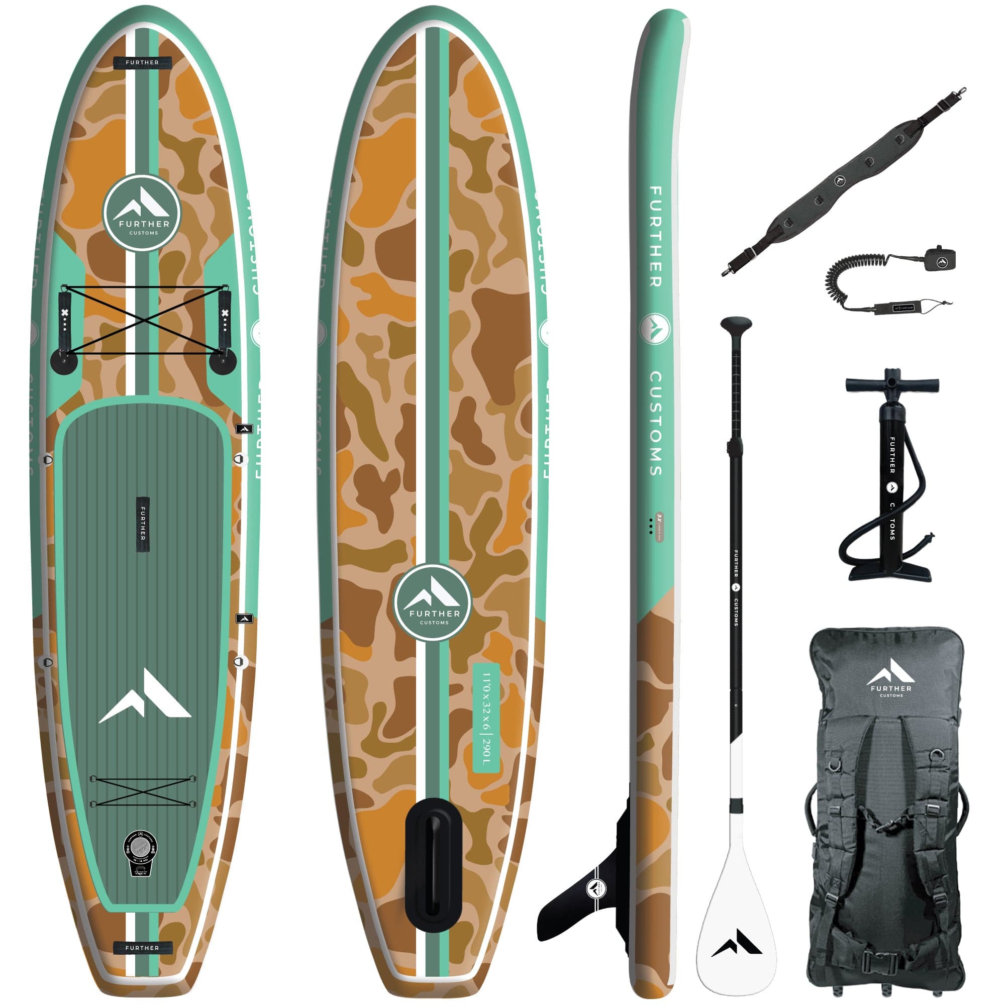 11'0" Tamarack Sage paddleboard by Further Customs, showcasing the sleek paddleboard with vibrant green color and textured deck.