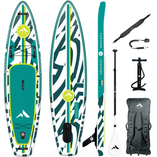 Turquoise 11'3" Podium paddleboard by Further Customs, shown on water with a sleek design and textured deck surface.
