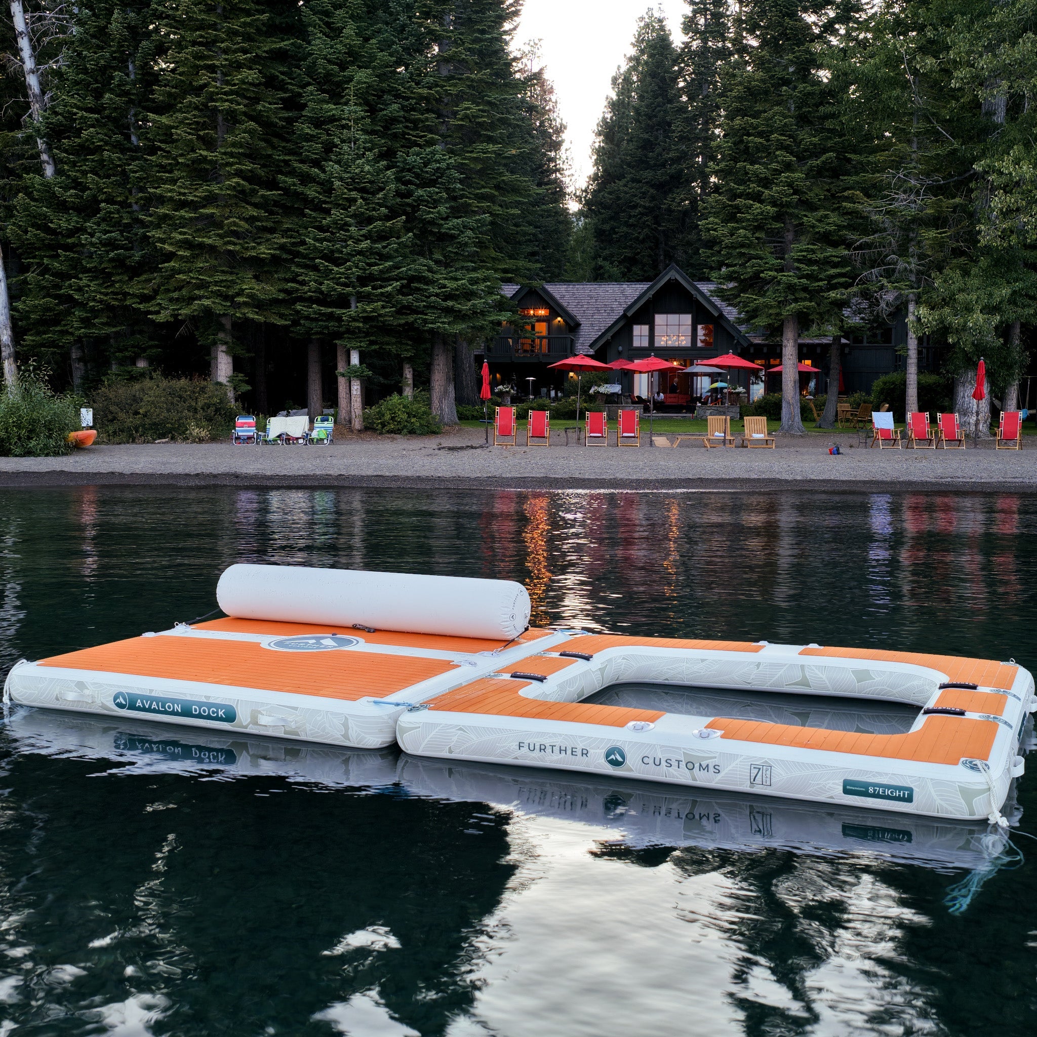 Inflatable Avalon Dock by Further Customs with hammock, perfect for lake fun at Lake Tahoe, featuring a sturdy, easy-to-assemble design.