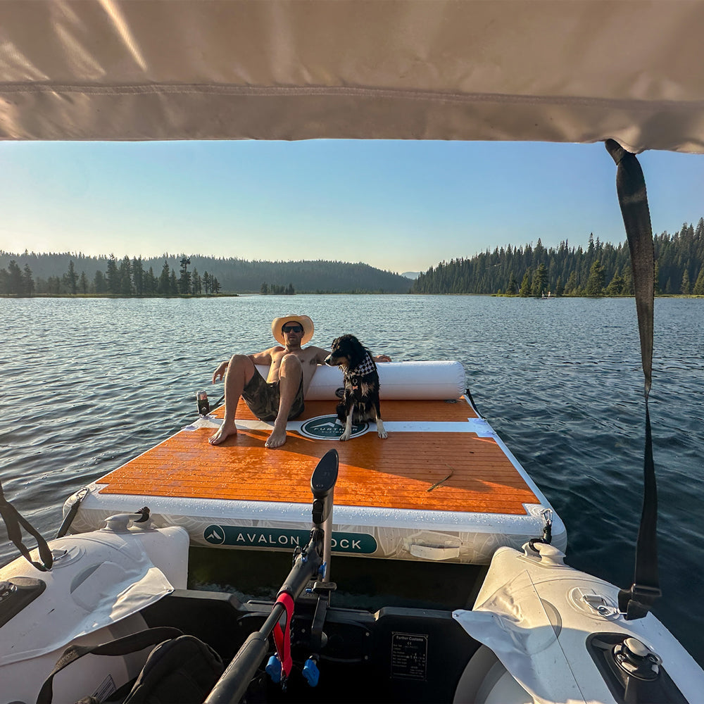 Further Customs Avalon Dock inflatable floating platform with backrest, ideal for swimming and relaxing on Hosmer Lake, Oregon.