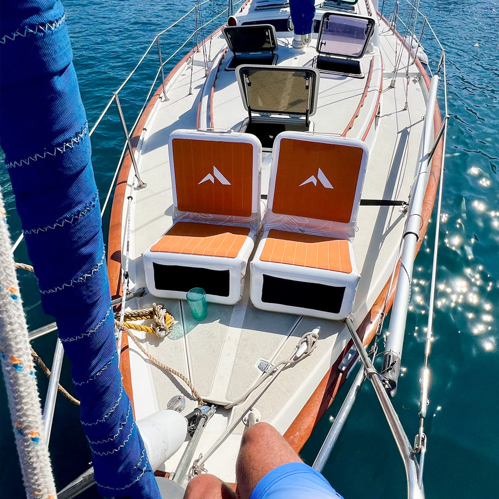 Inflatable Skippers Seat by Further Customs, showing a comfortable chair designed for sailboat seating and relaxation.