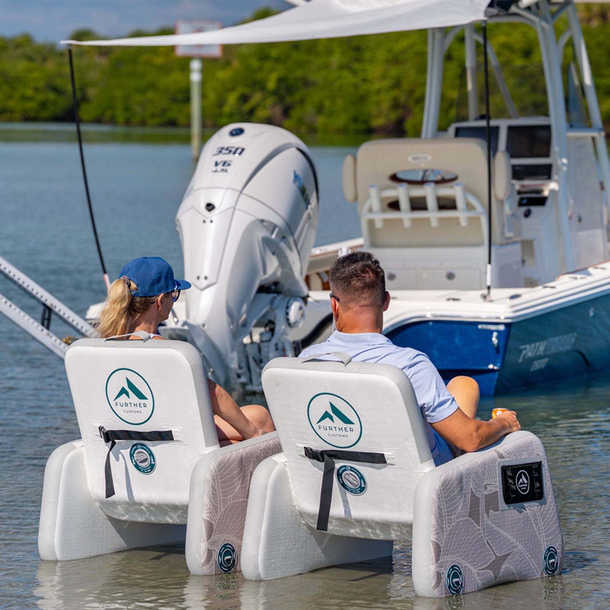 Inflatable captain's chair by Further Customs, designed for comfort with a sleek, portable style for outdoor adventures.