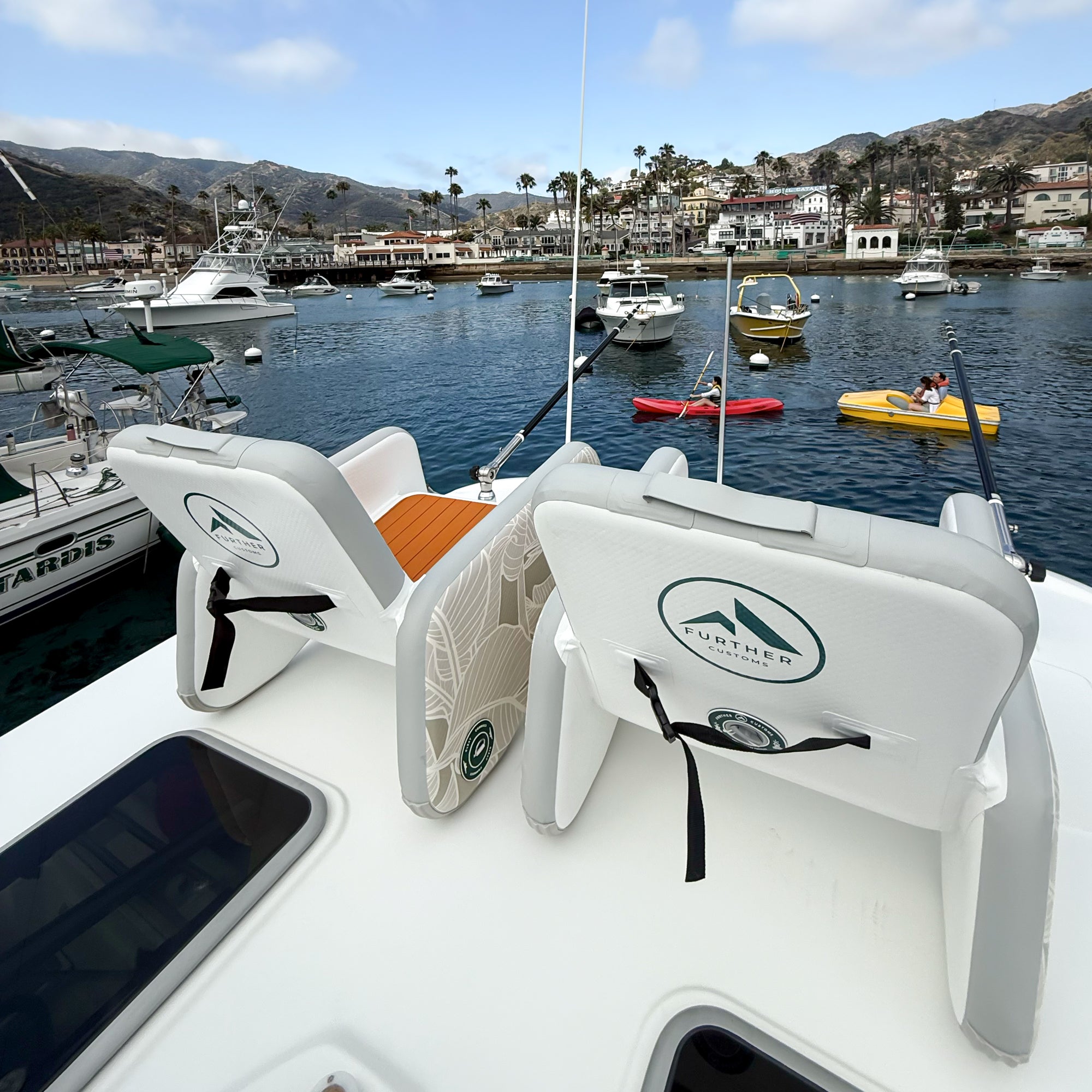 Inflatable captain's chair by Further Customs, designed for comfort on yachts, showcasing its durable material and ergonomic shape.