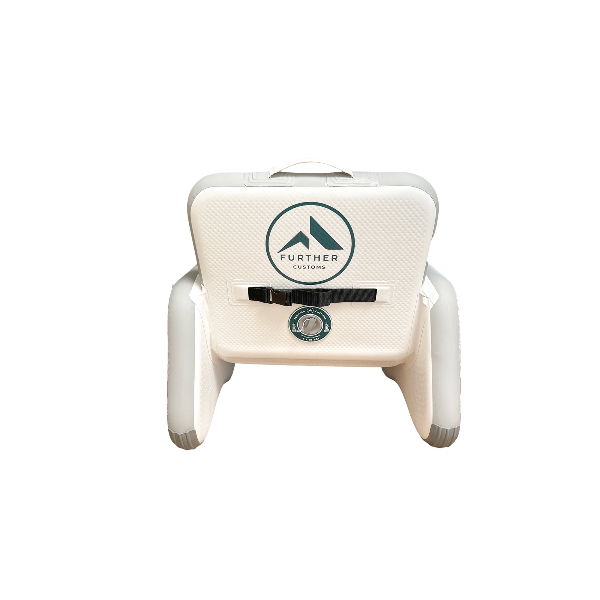 Further Customs inflatable captains chair in a vibrant design, perfect for outdoor lounging and relaxation.