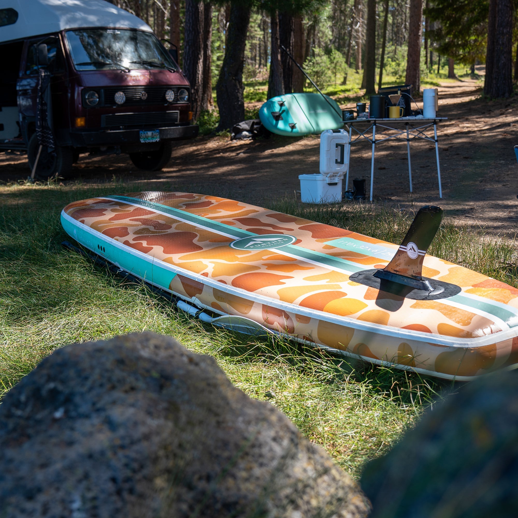 Further Customs 11'0 Tamarack Sage inflatable paddleboard for paddleboarding and camping in Bend, Oregon.