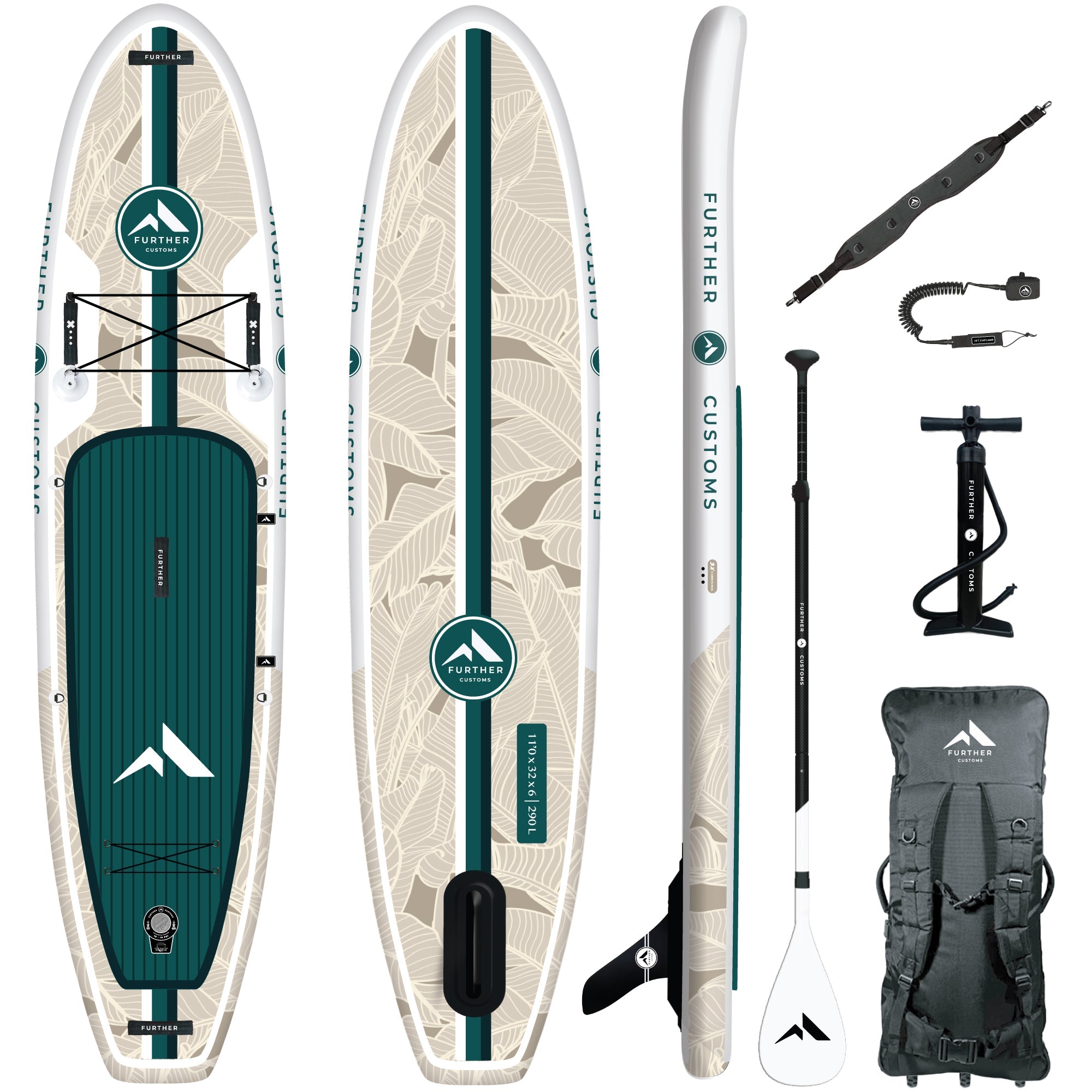 Further Customs 11'0 Avalon Emerald inflatable paddleboard with a vibrant green design and textured surface.