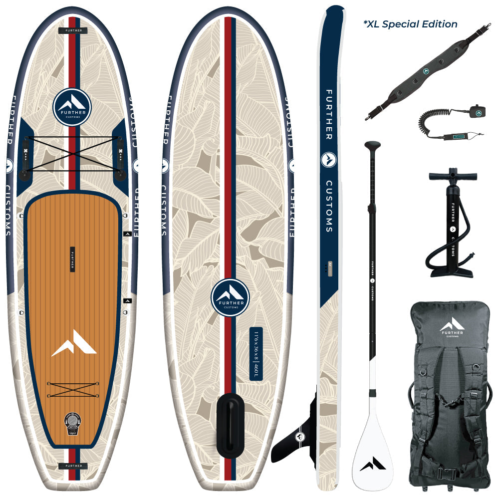 Further Customs 11'0 Avalon Mariner paddleboard, green stand-up paddleboard with textured deck and sleek design for all skill levels.